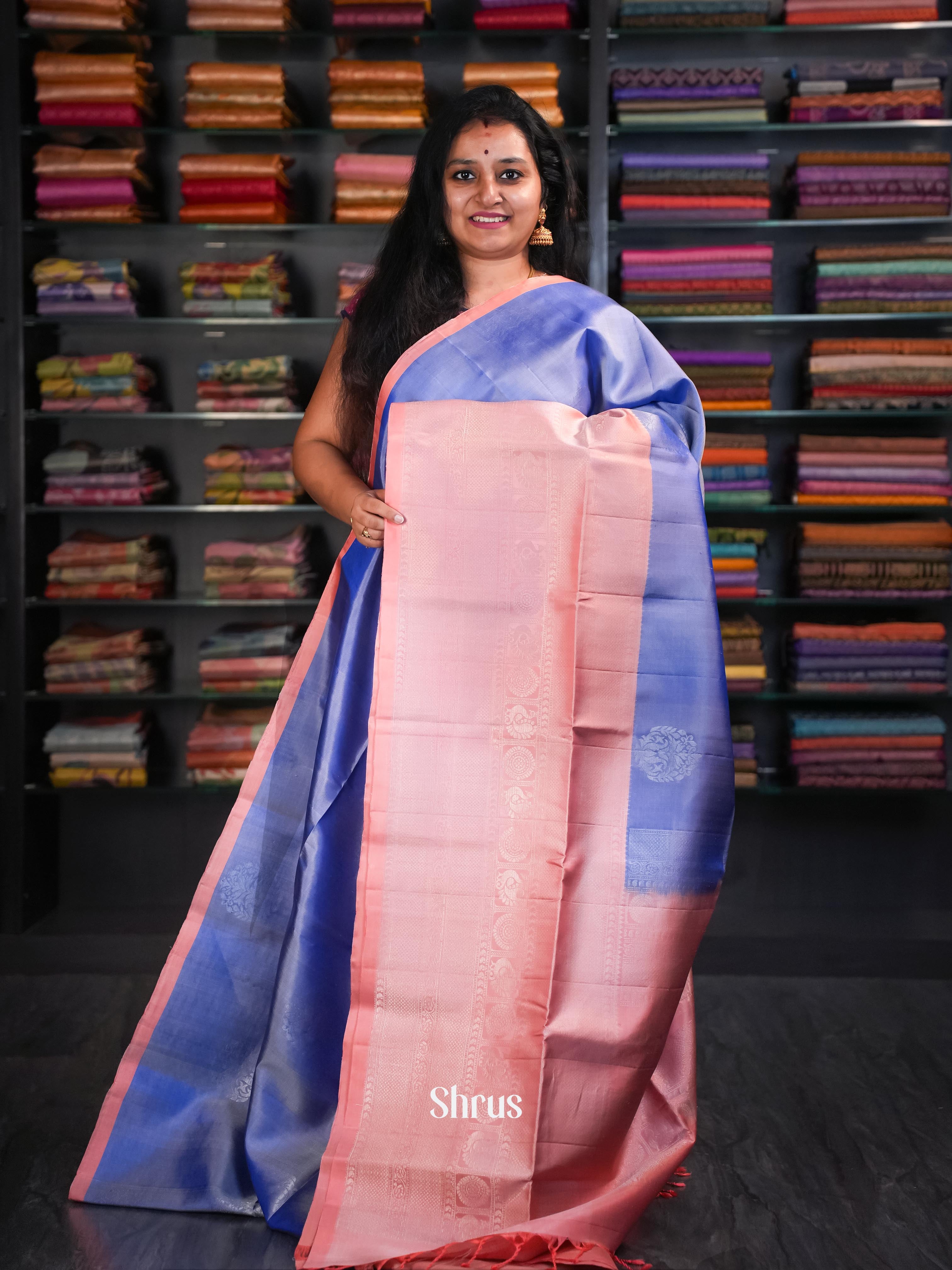 Peachy Pink & Light Blue - Soft Silk Saree - Shop on ShrusEternity.com