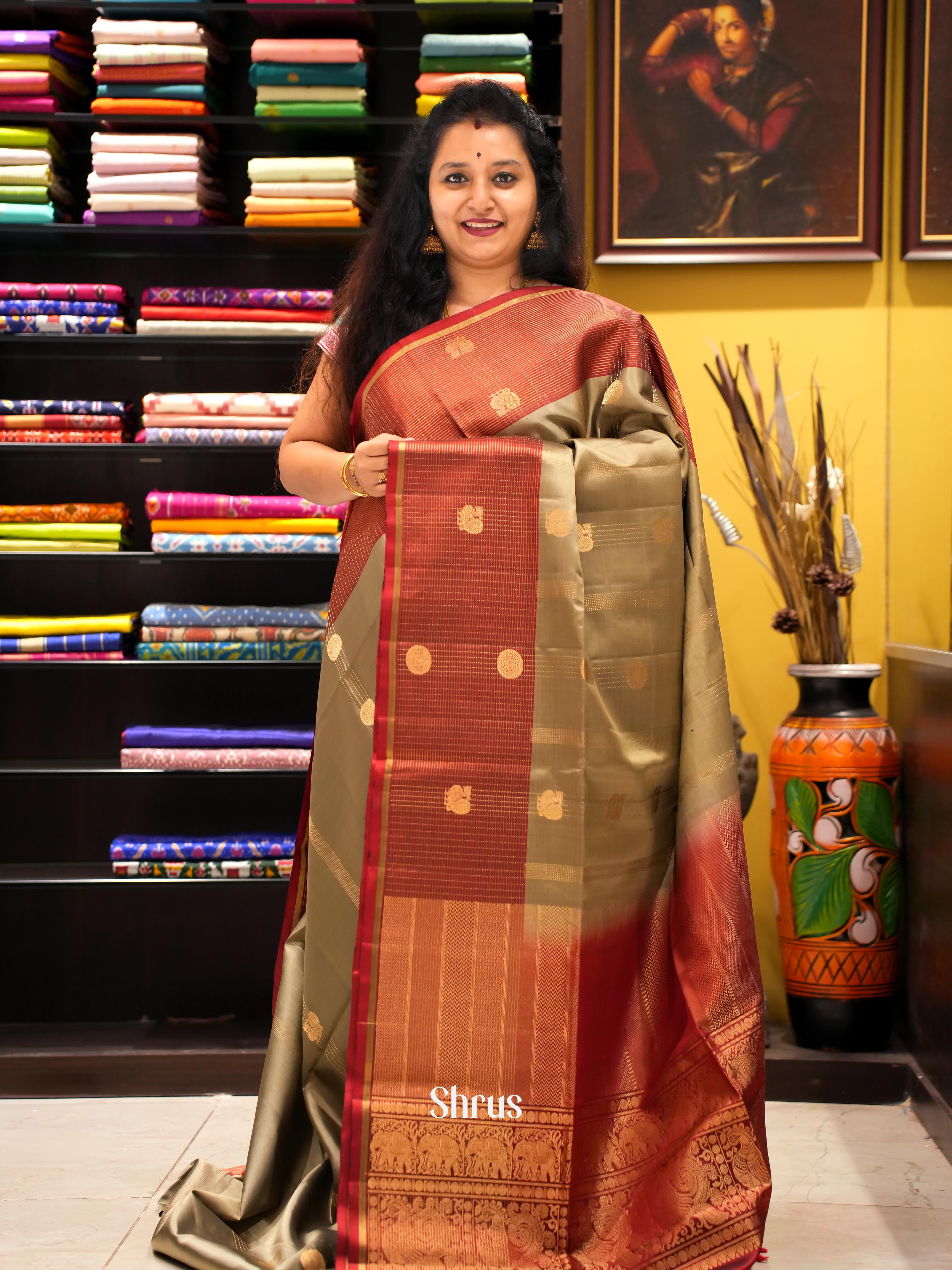Grey & Maroon - Soft Silk Saree - Shop on ShrusEternity.com