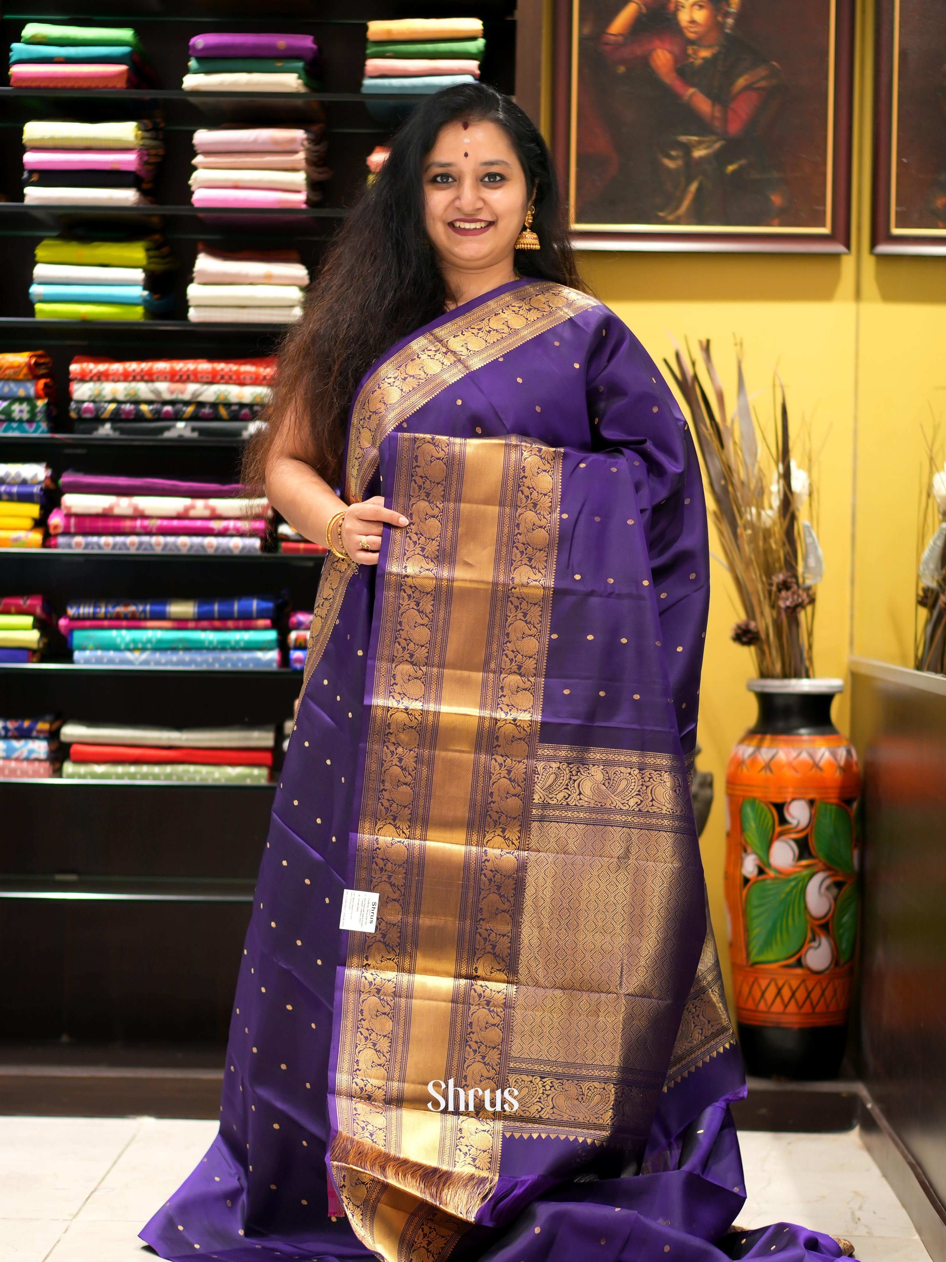 Violet(Single Tone) - Kanchi Border Soft Silk Saree - Shop on ShrusEternity.com