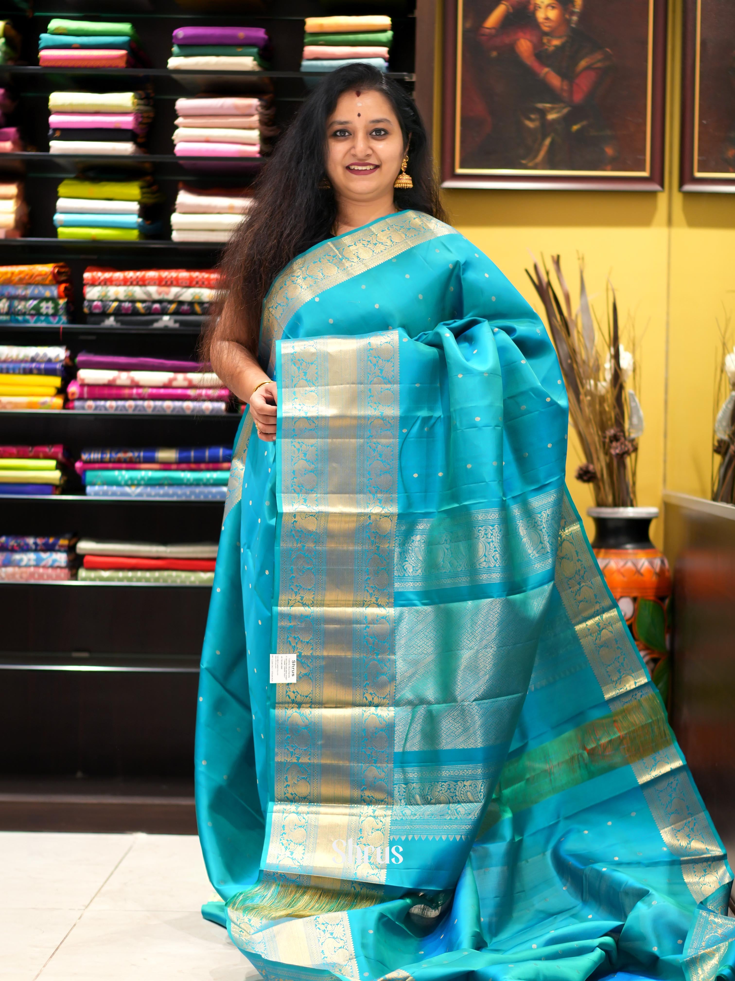 Teal (Single Tone) - Kanchi Border Soft Silk Saree - Shop on ShrusEternity.com