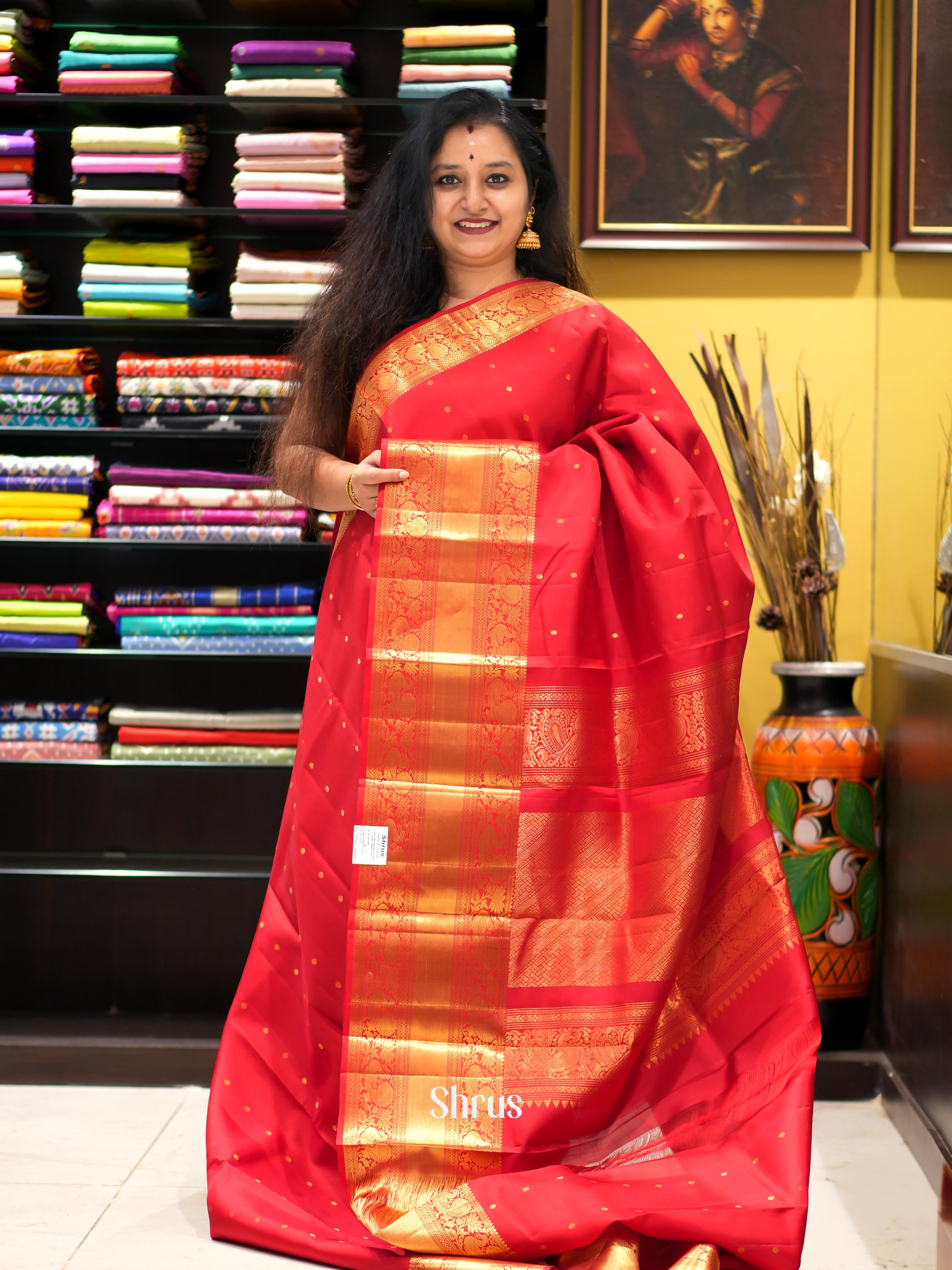 Red(Single Tone) - Kanchi Border Soft Silk Saree - Shop on ShrusEternity.com