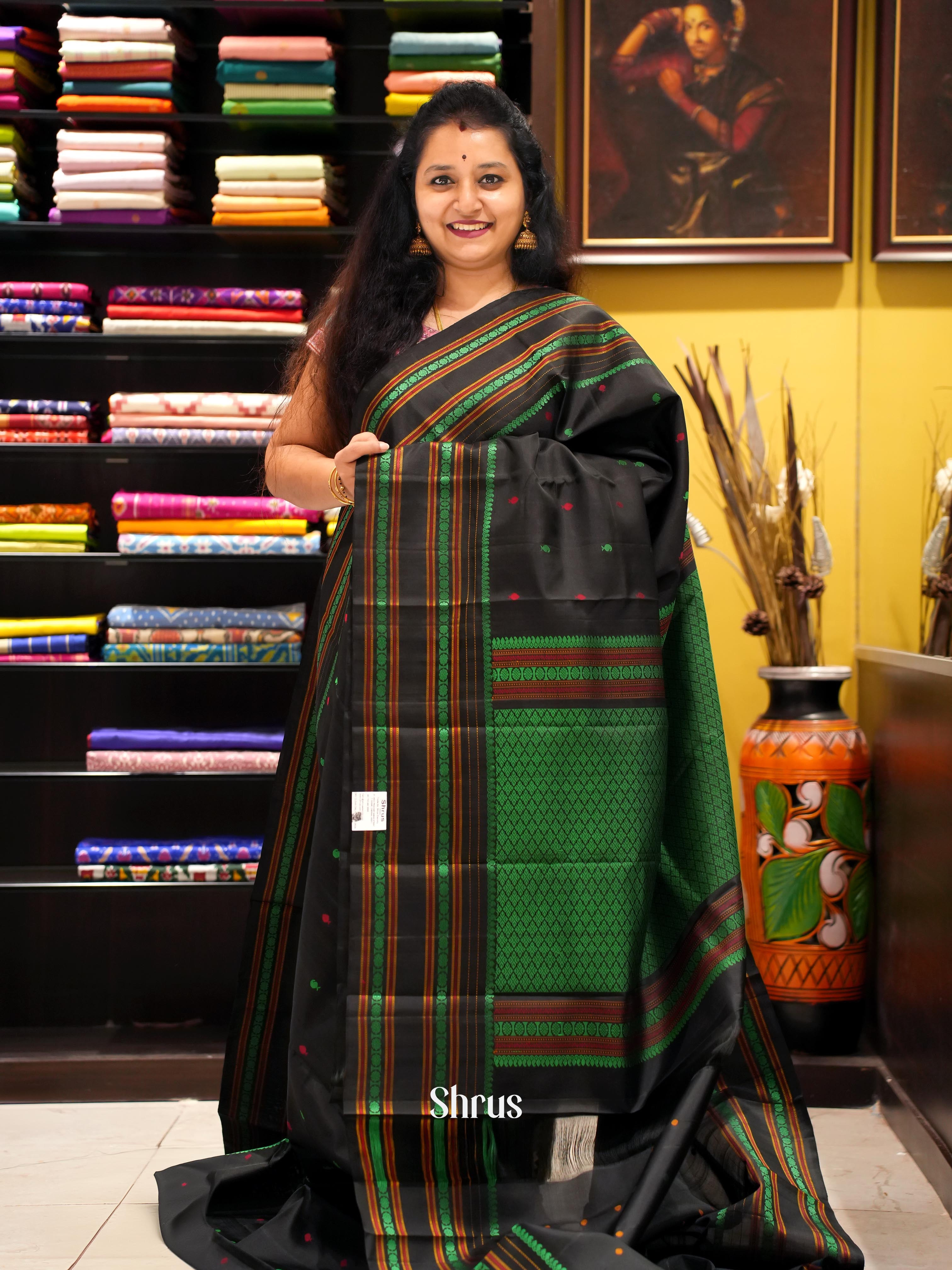Black & Green - Soft Silk Saree - Shop on ShrusEternity.com