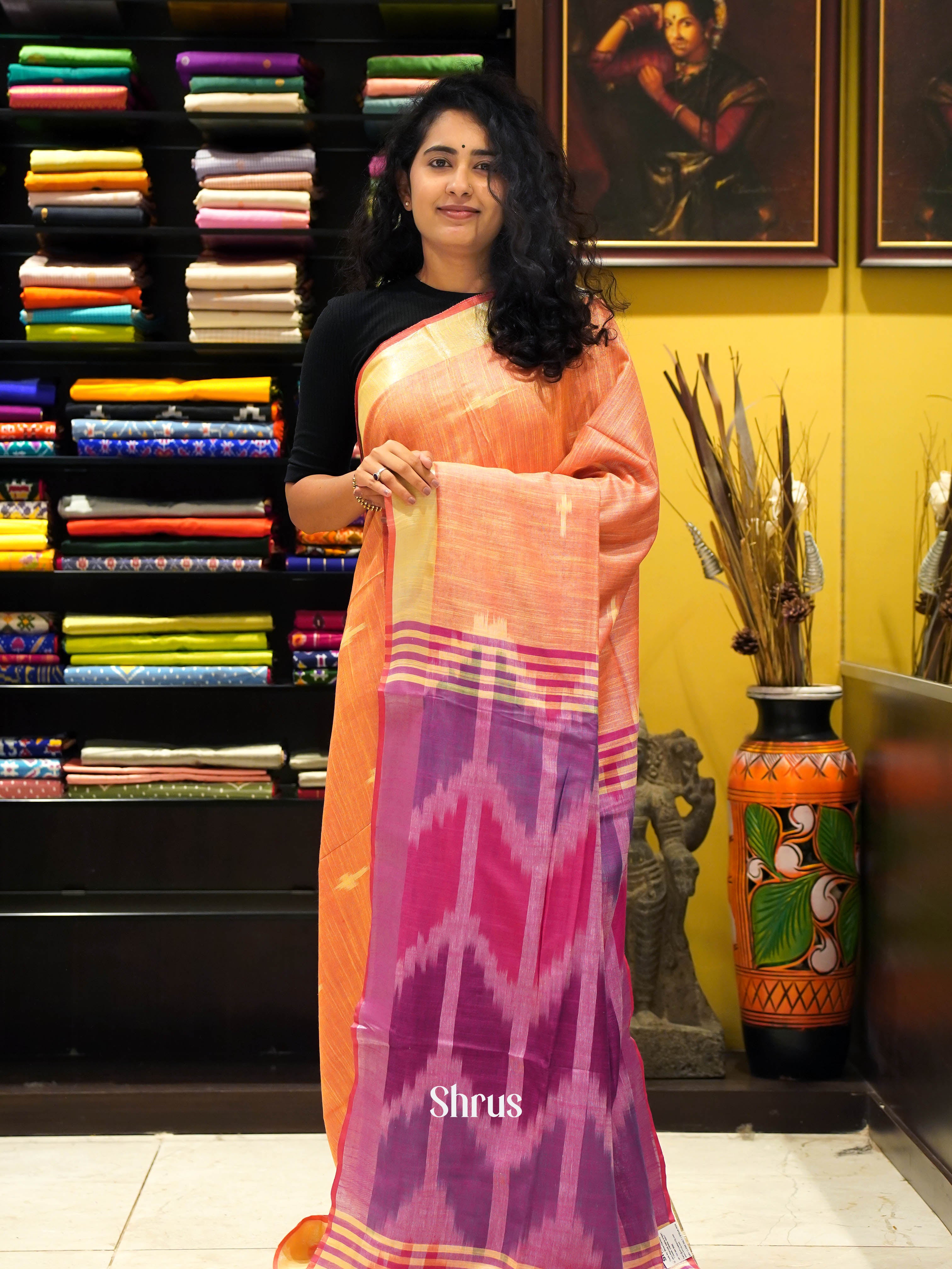 Peach & Pink- Semi Ikkat saree - Shop on ShrusEternity.com