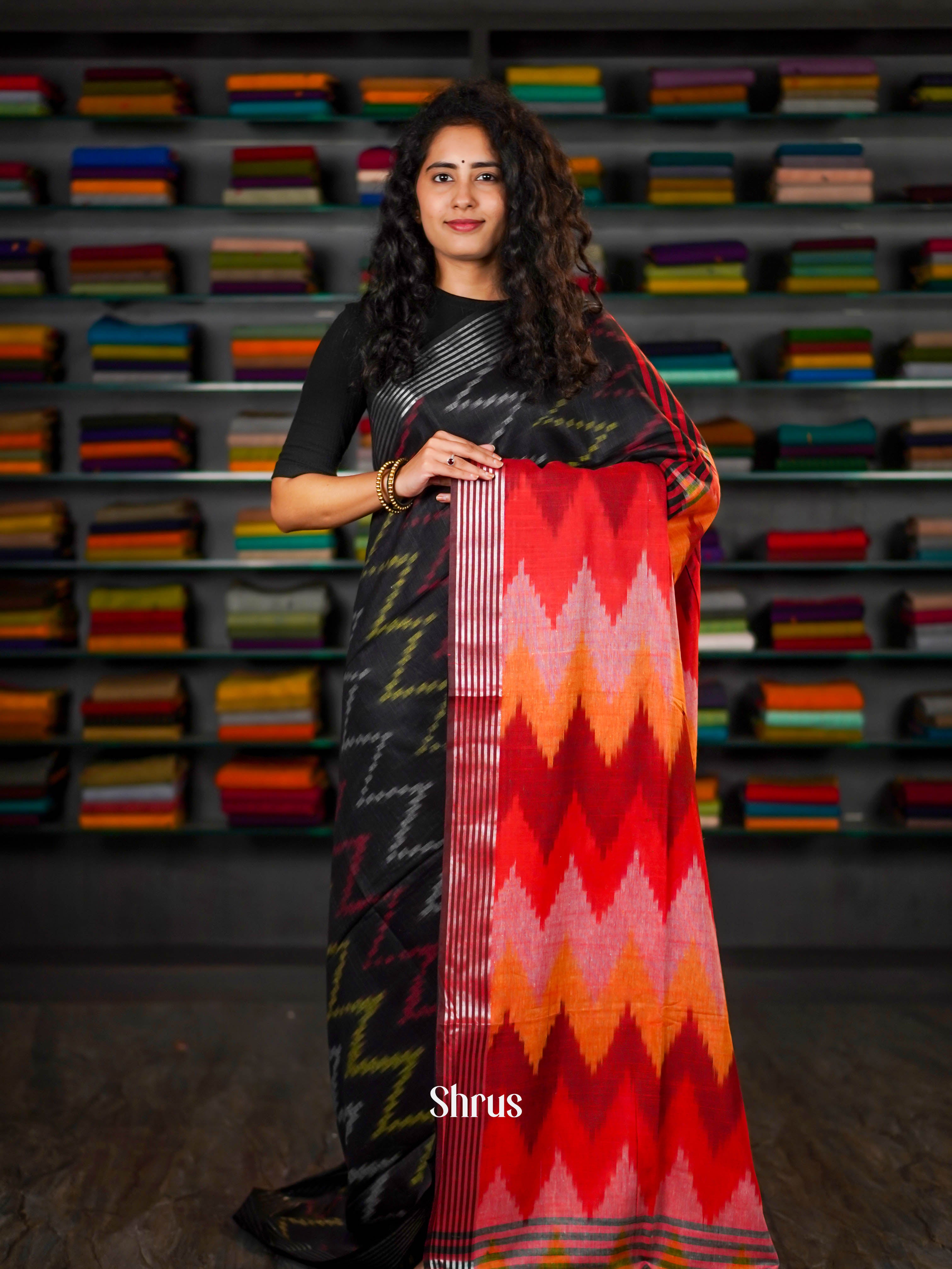 Black & Red - Semi Ikkat Saree - Shop on ShrusEternity.com