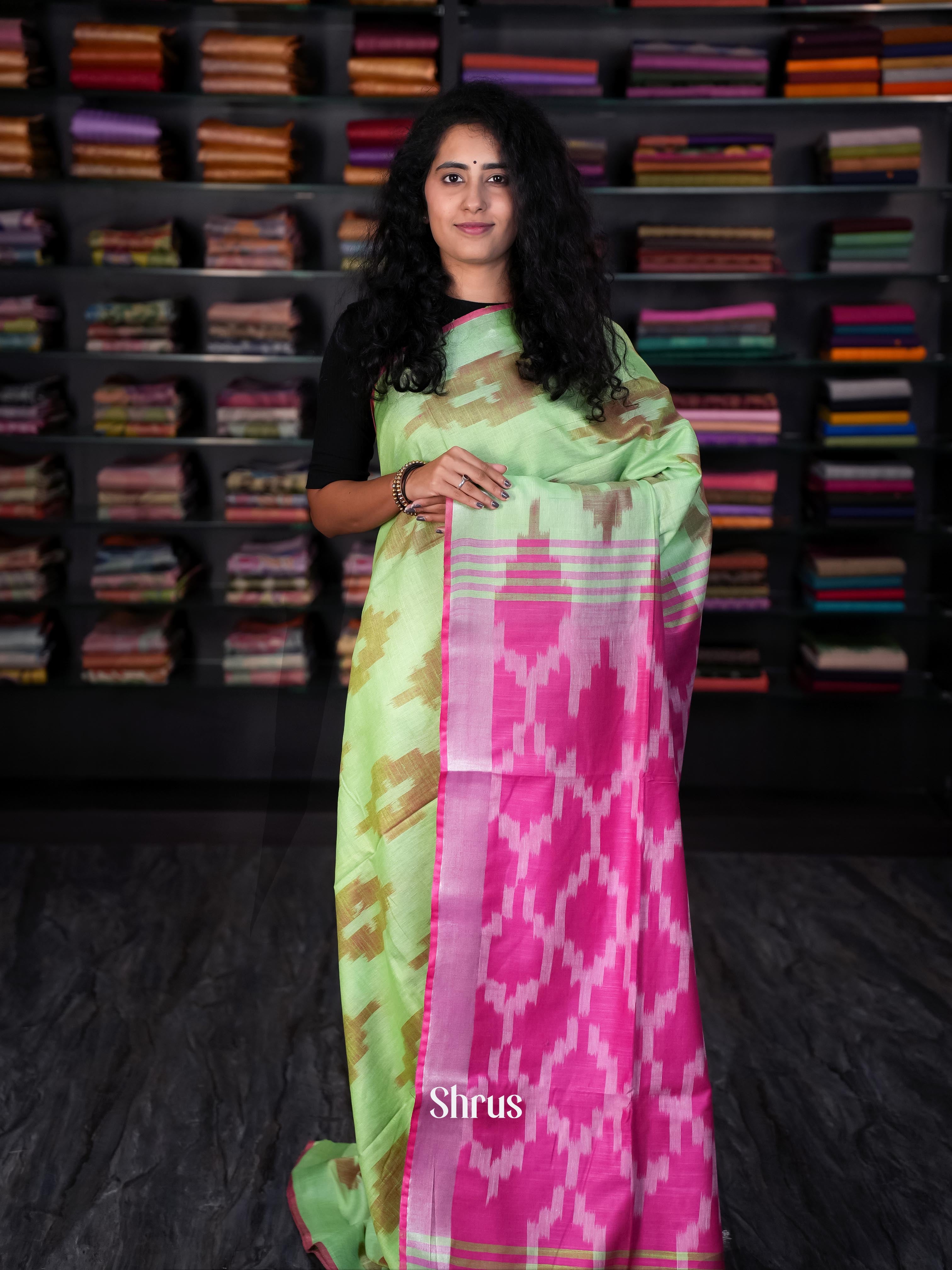 Green & Pink - Semi Ikkat Saree - Shop on ShrusEternity.com