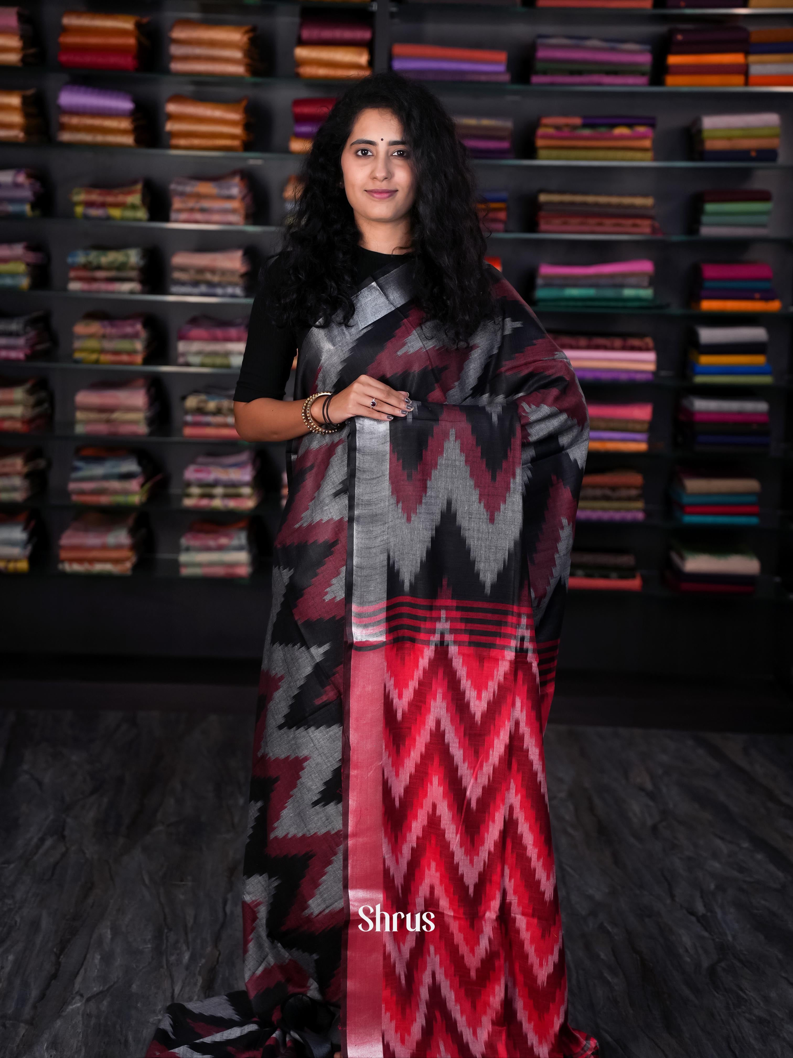 Black & Maroon - Semi Ikkat Saree - Shop on ShrusEternity.com