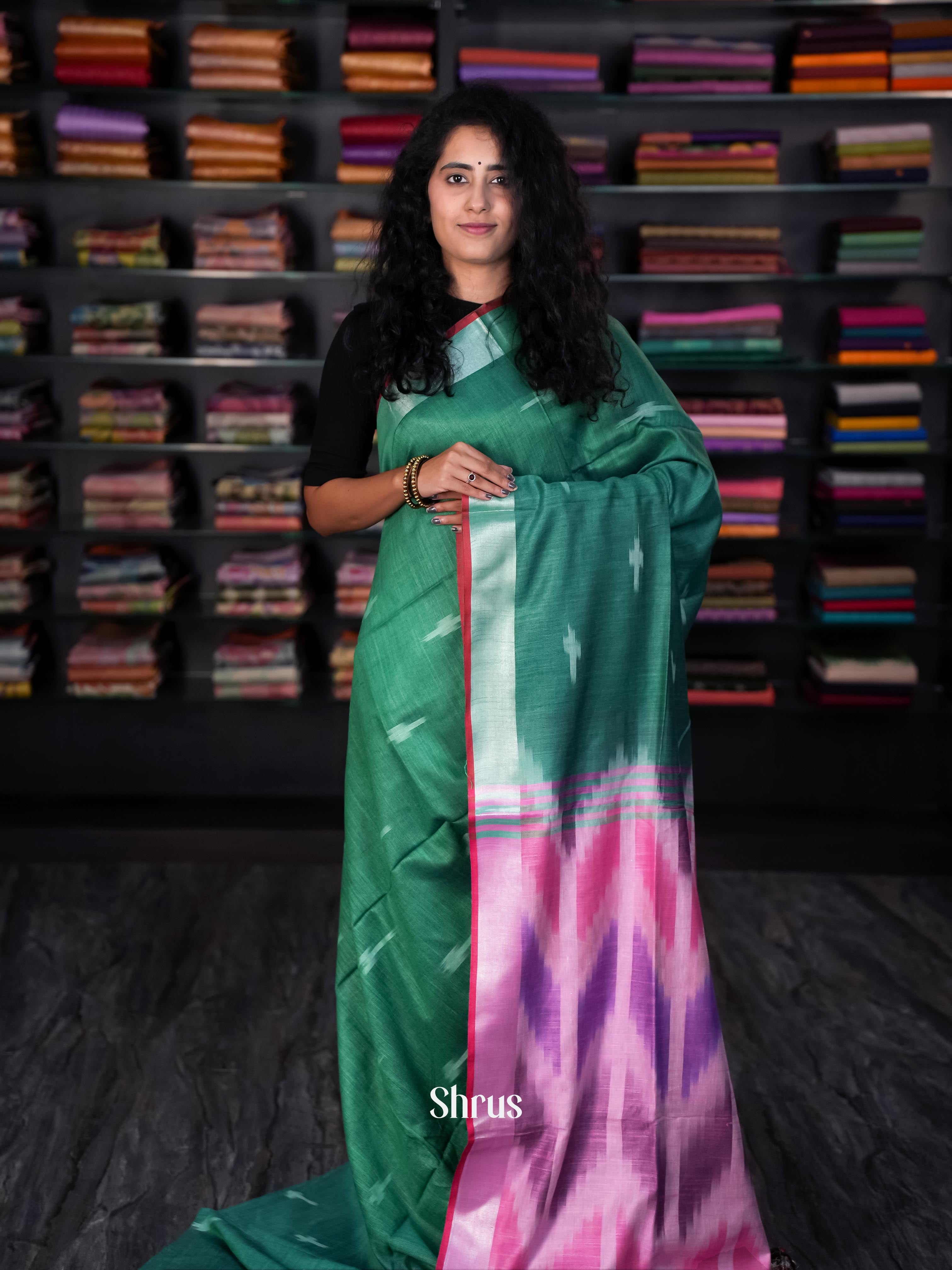 Green & Pink - Semi Ikkat Saree - Shop on ShrusEternity.com