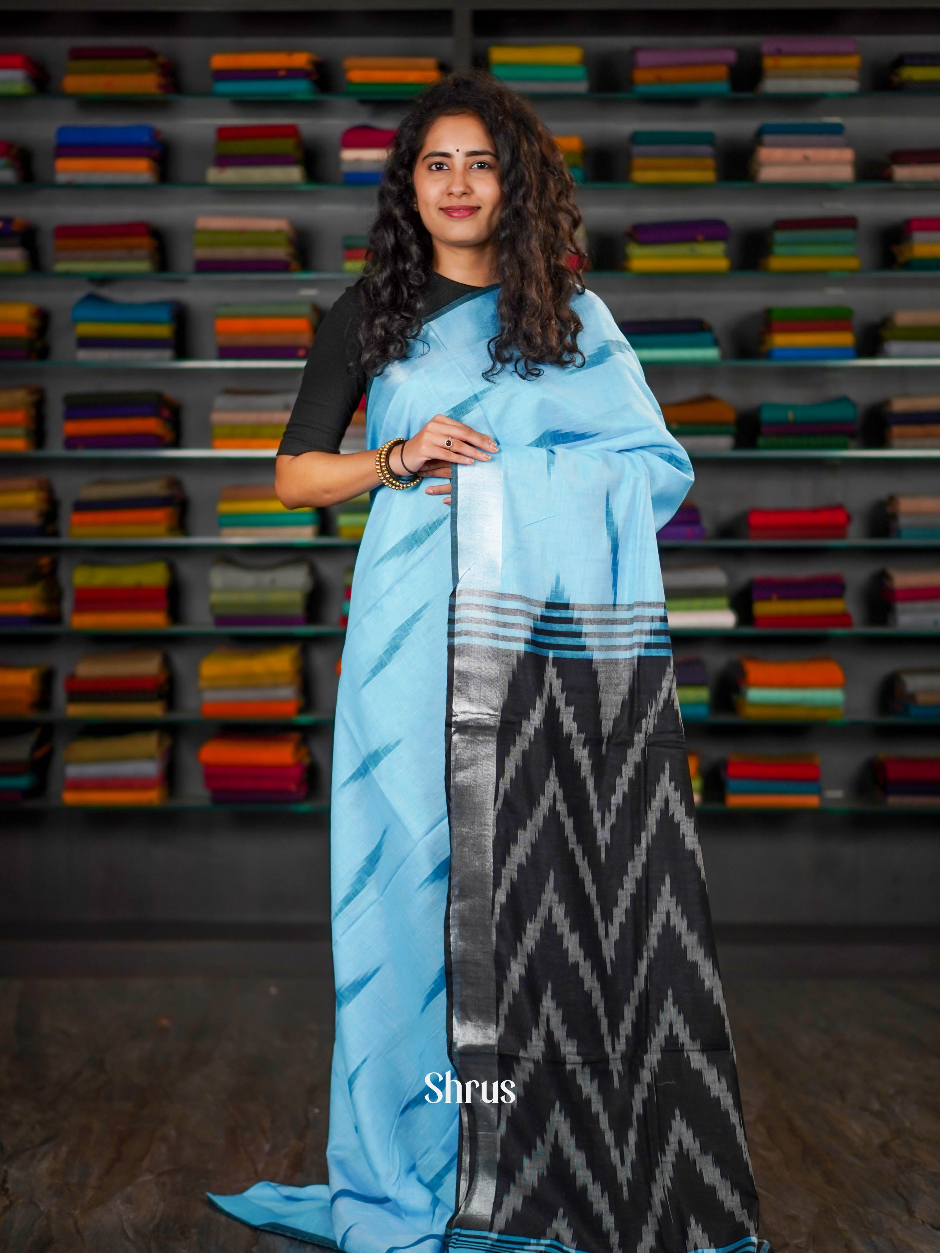 Blue & Black - Semi Ikkat Saree - Shop on ShrusEternity.com