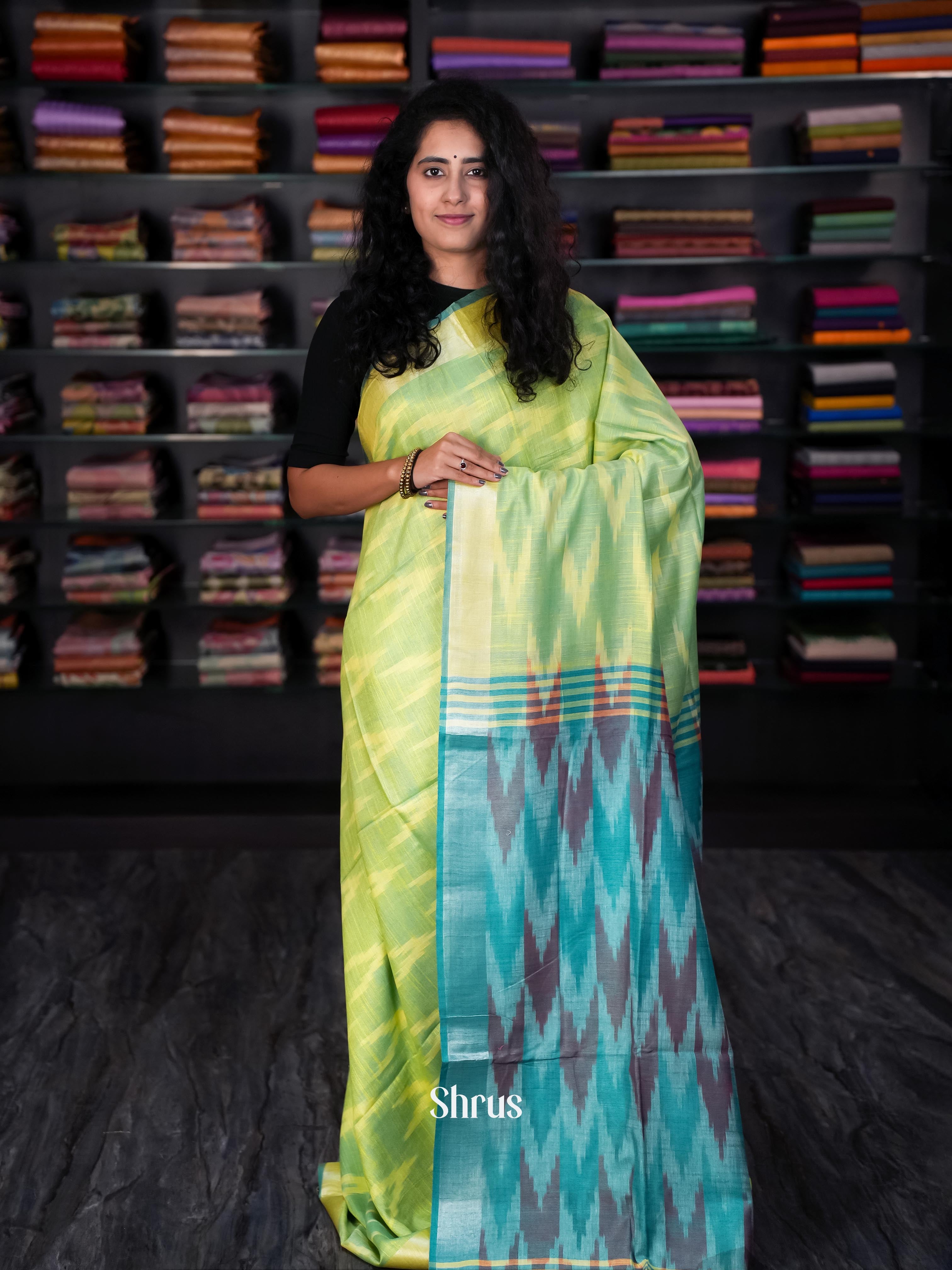 Green & Teal - Semi Ikkat Saree - Shop on ShrusEternity.com