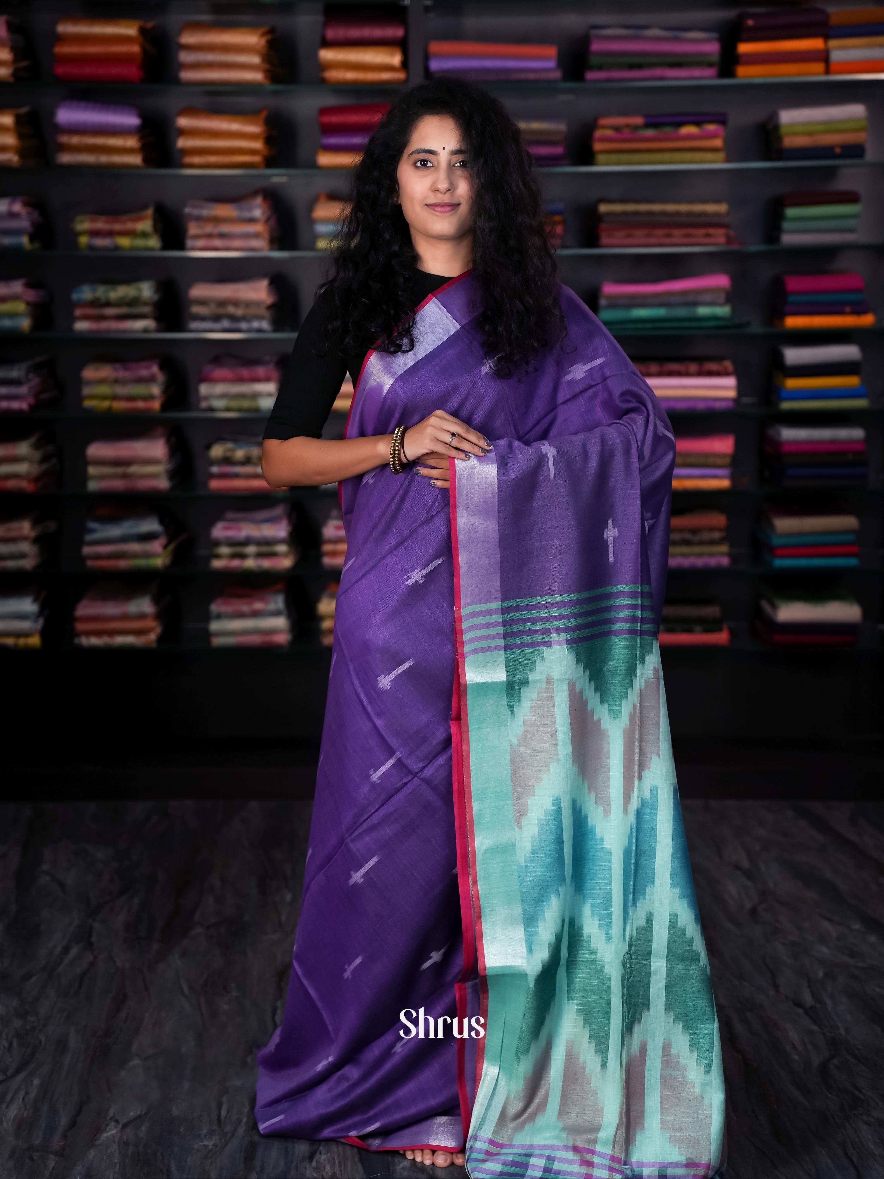 Violet & Teal - Semi Ikkat Saree - Shop on ShrusEternity.com