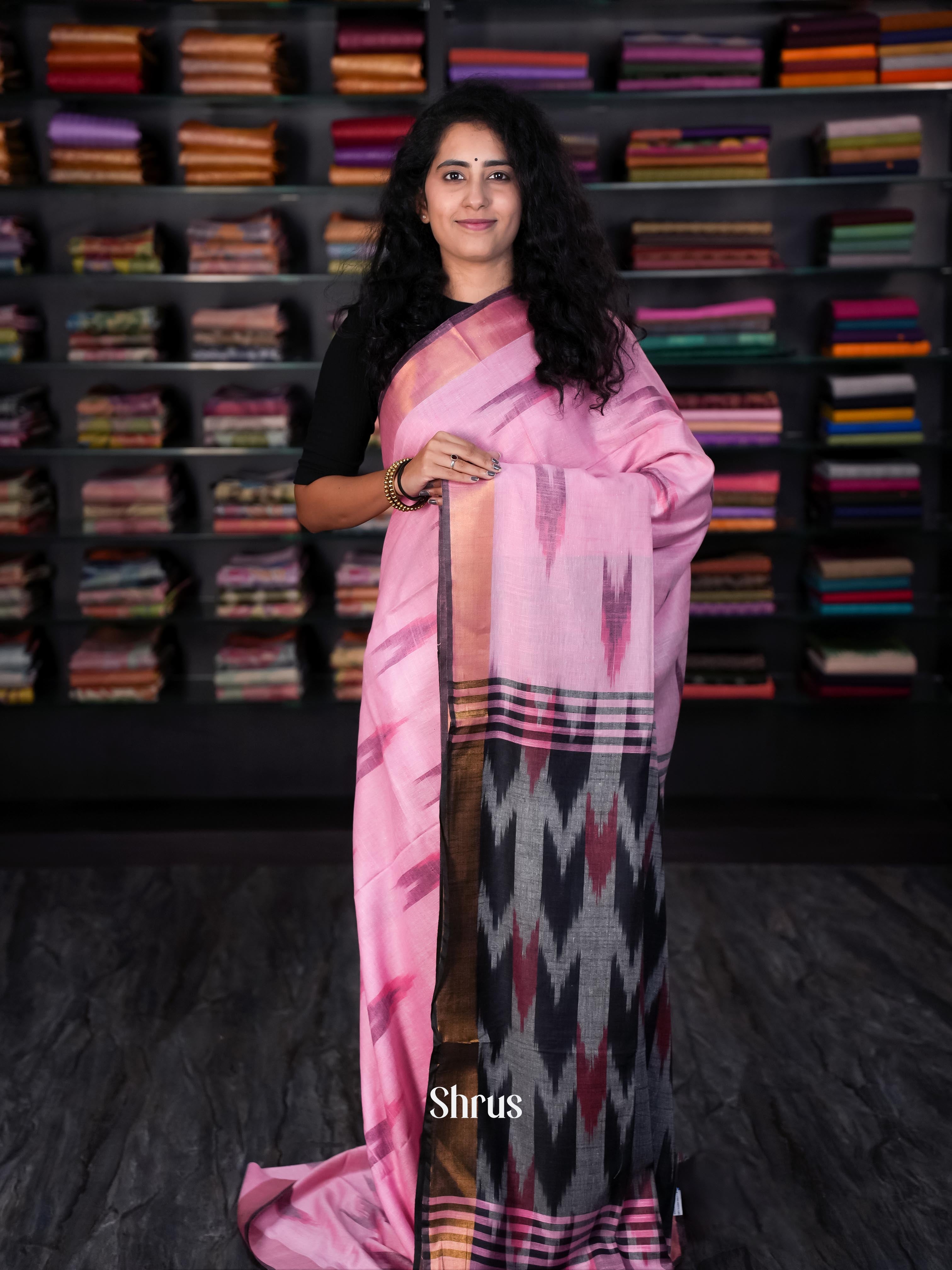 Pink & Grey - Semi Ikkat Saree - Shop on ShrusEternity.com