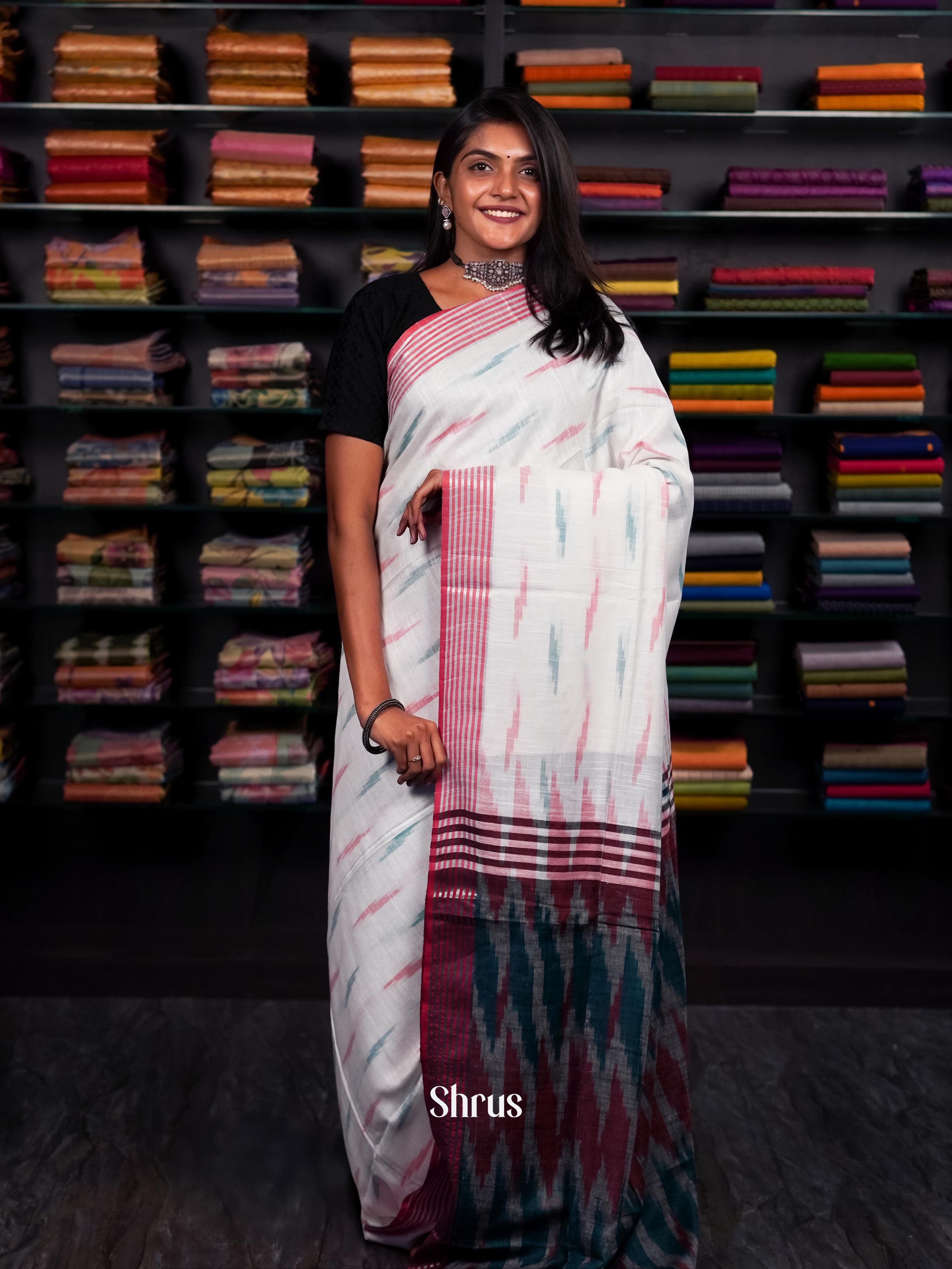 White & Grey- Semi Ikkat saree - Shop on ShrusEternity.com