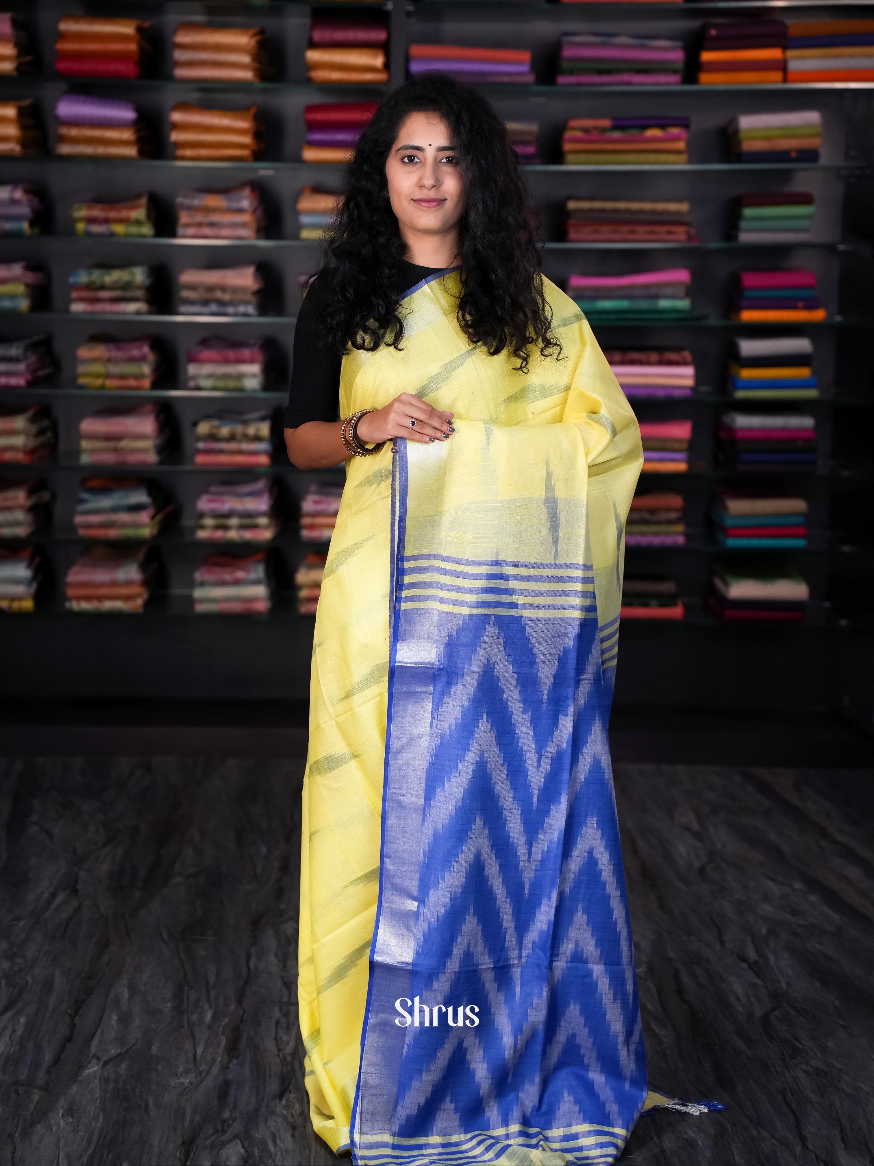 Yellow & Blue- Semi Ikkat Saree - Shop on ShrusEternity.com