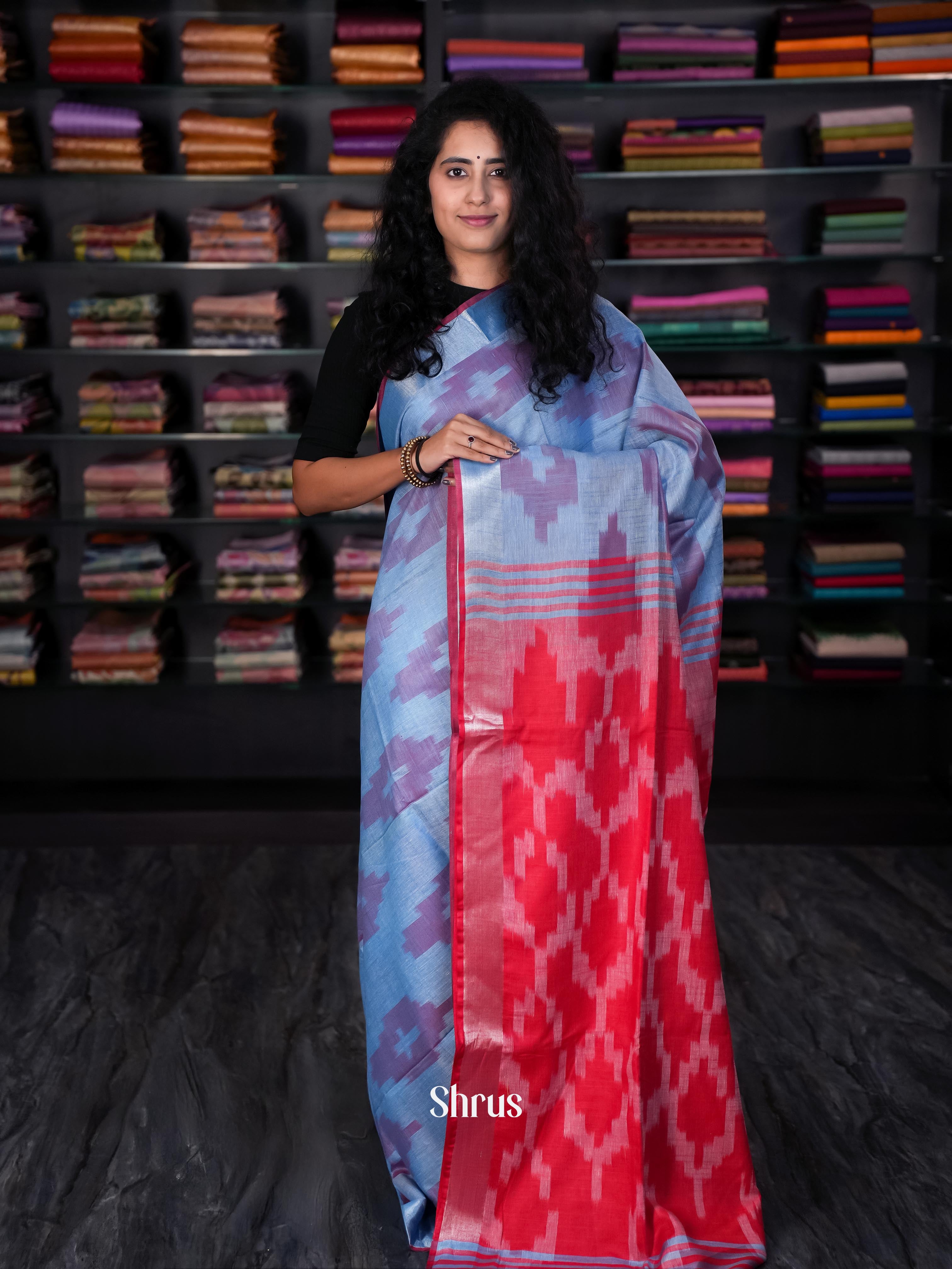 Blue & Red- Semi Ikkat Saree - Shop on ShrusEternity.com