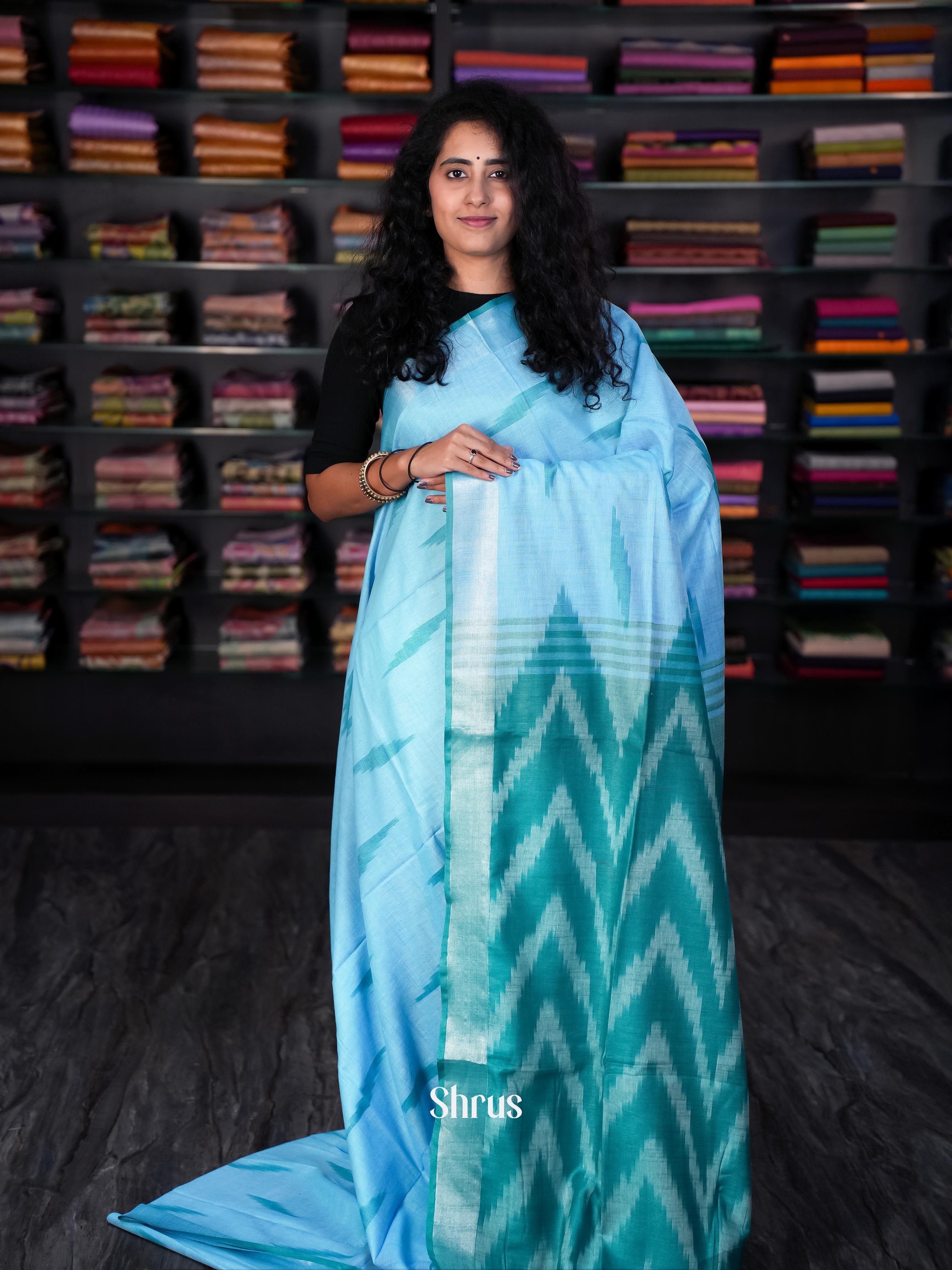 Blue & Teal- Semi Ikkat Saree - Shop on ShrusEternity.com
