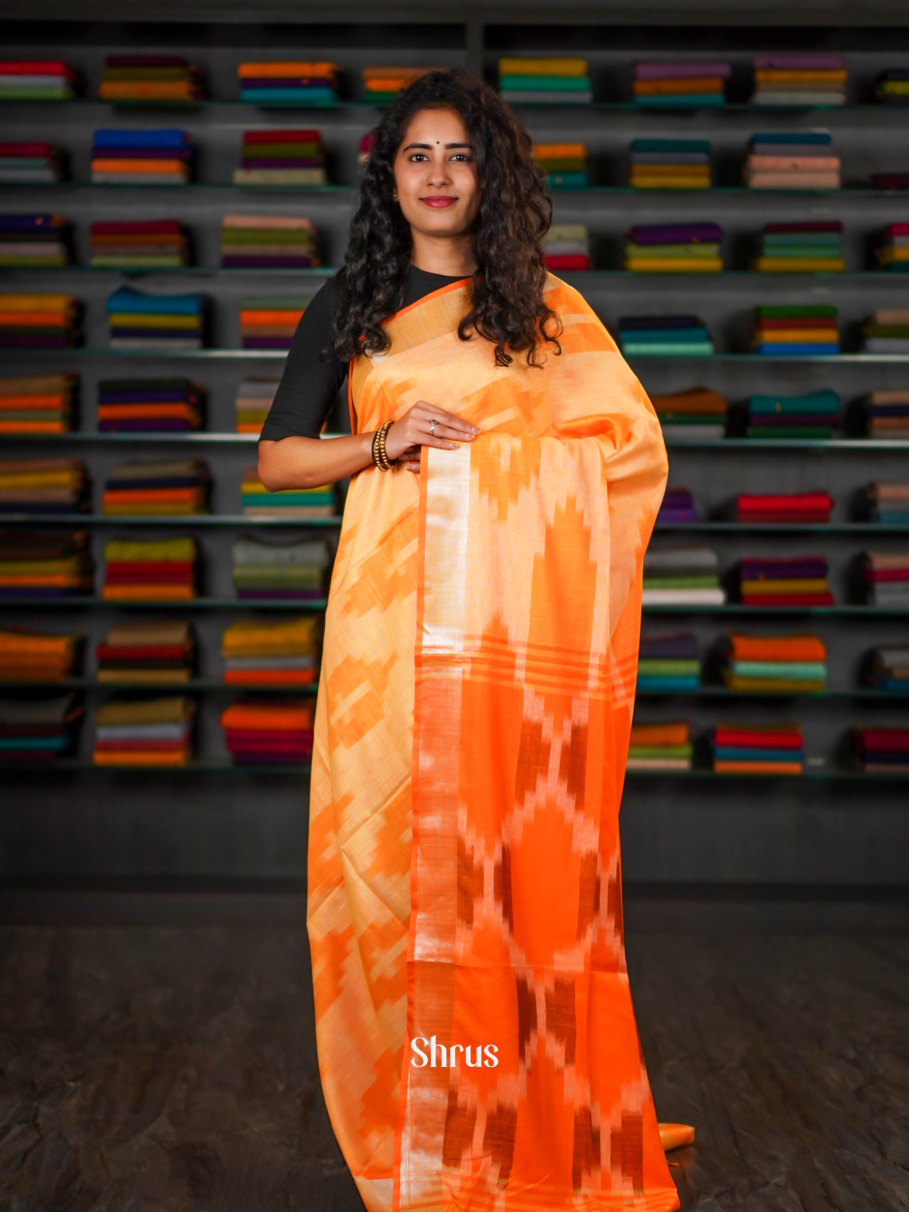 Orange - Semi Ikkat Saree - Shop on ShrusEternity.com