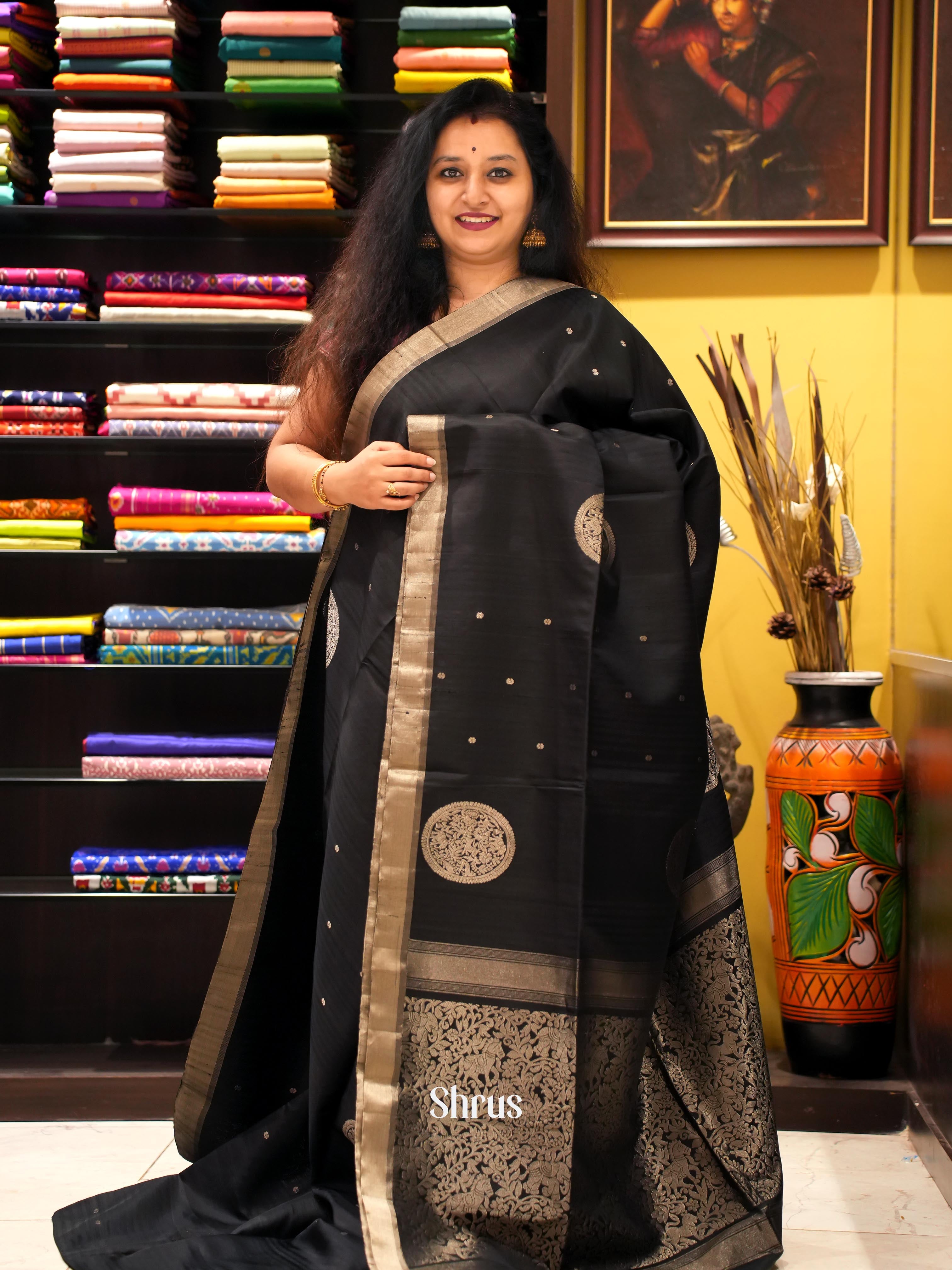 Black(Single Tone)- Soft Silk Saree - Shop on ShrusEternity.com