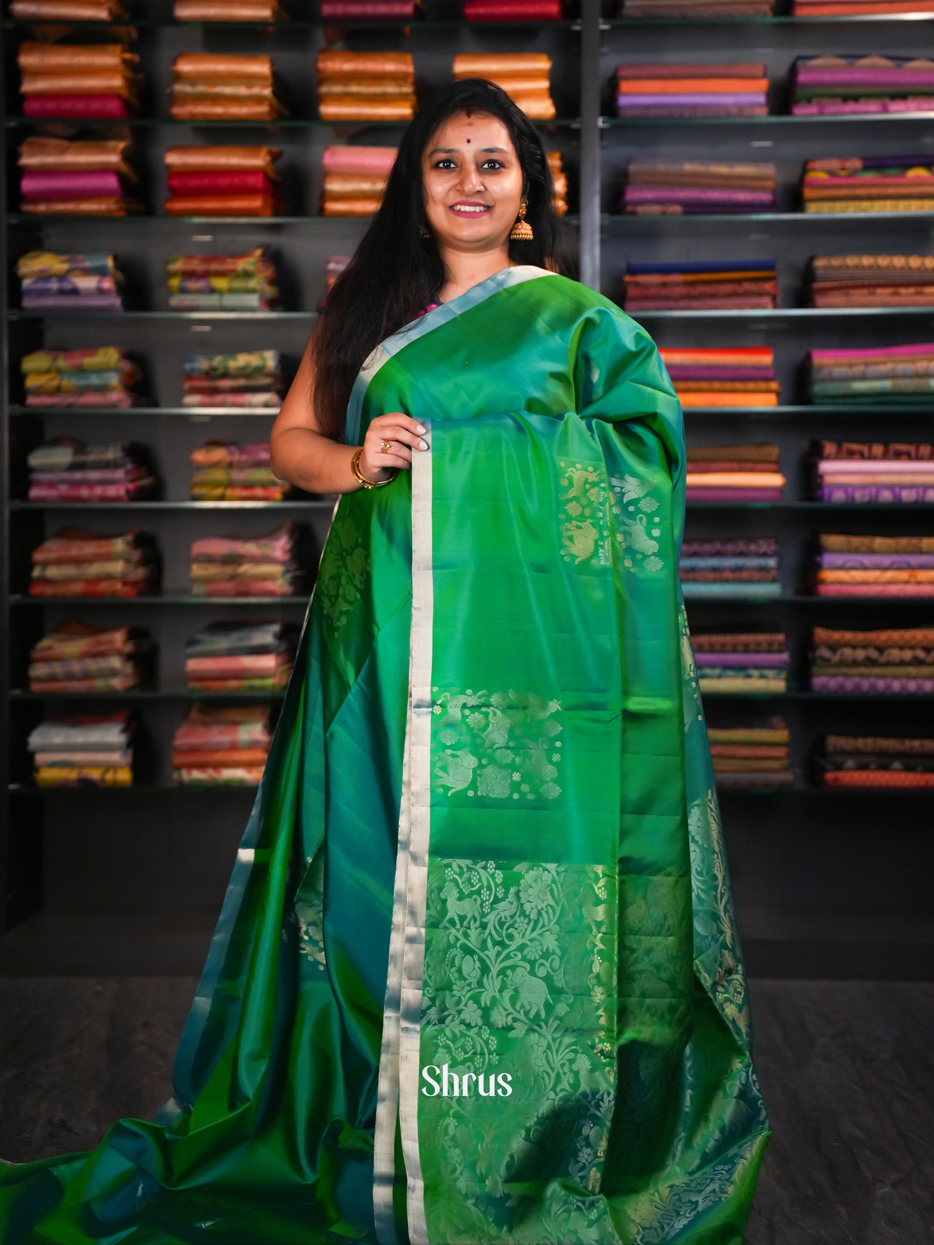 Double Shaded Green With Blue - Soft Silk Saree - Shop on ShrusEternity.com