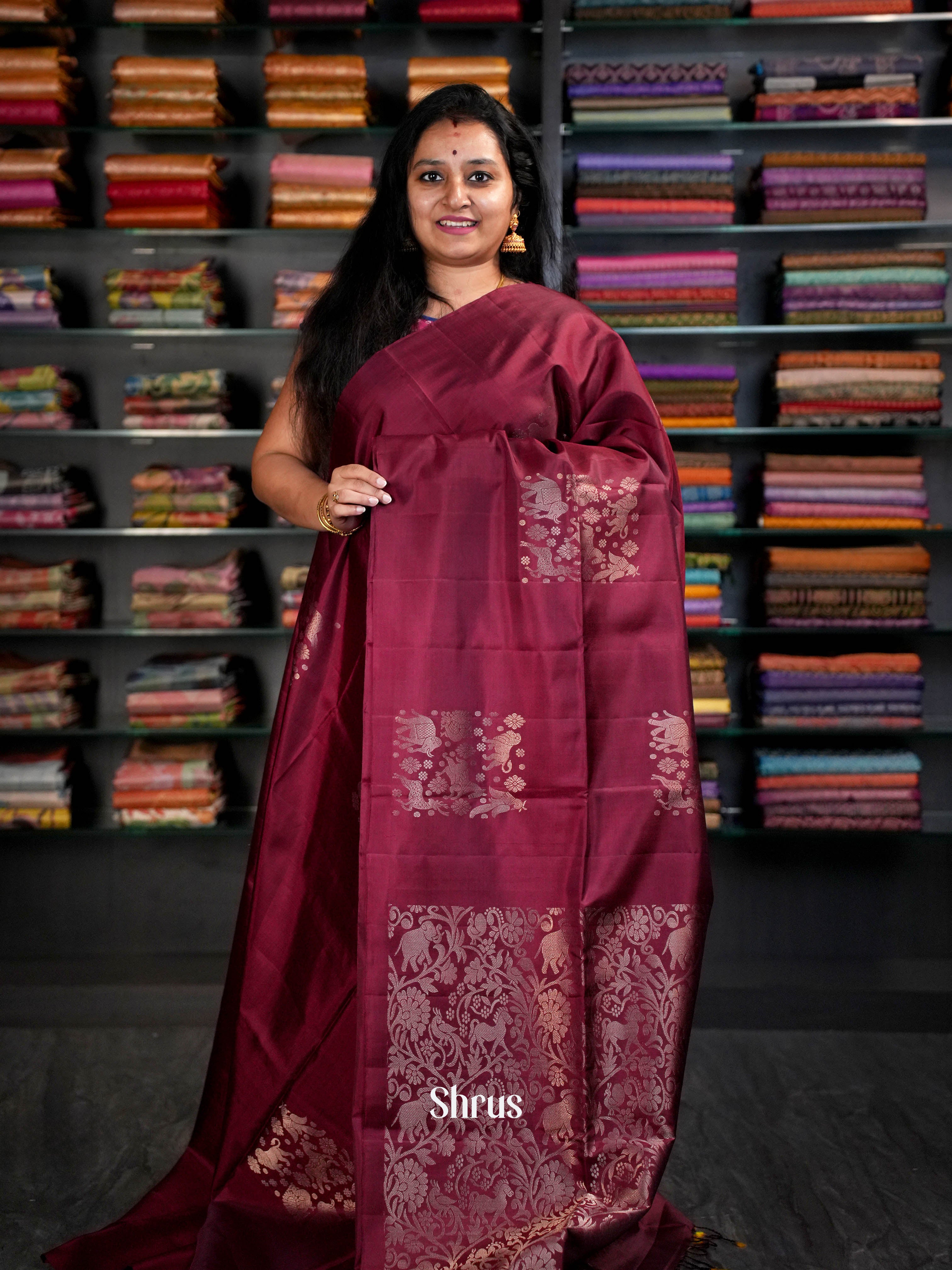 Maroon - Soft Silk Saree - Shop on ShrusEternity.com