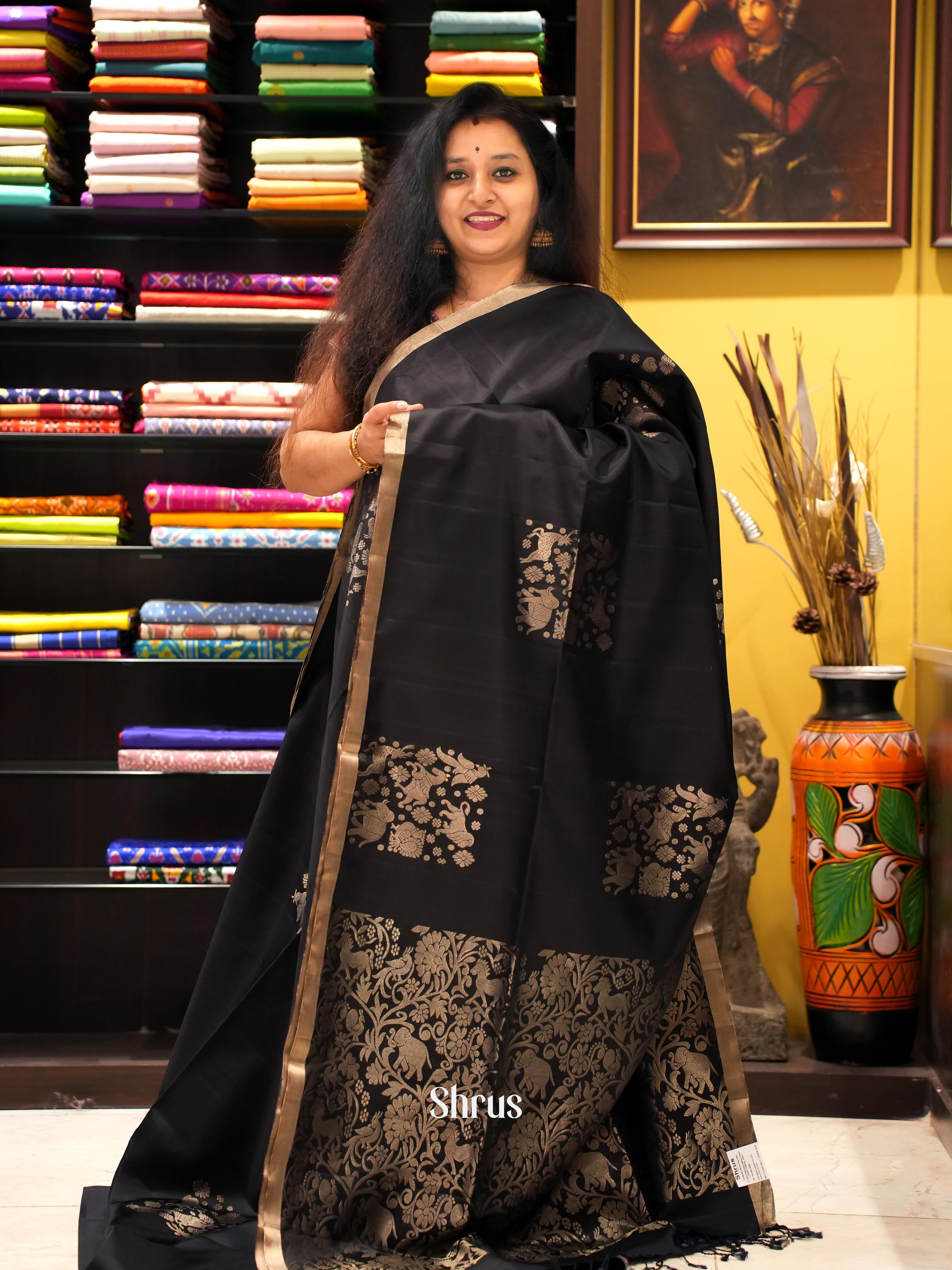 Black(Single tone) - Soft Silk Saree - Shop on ShrusEternity.com