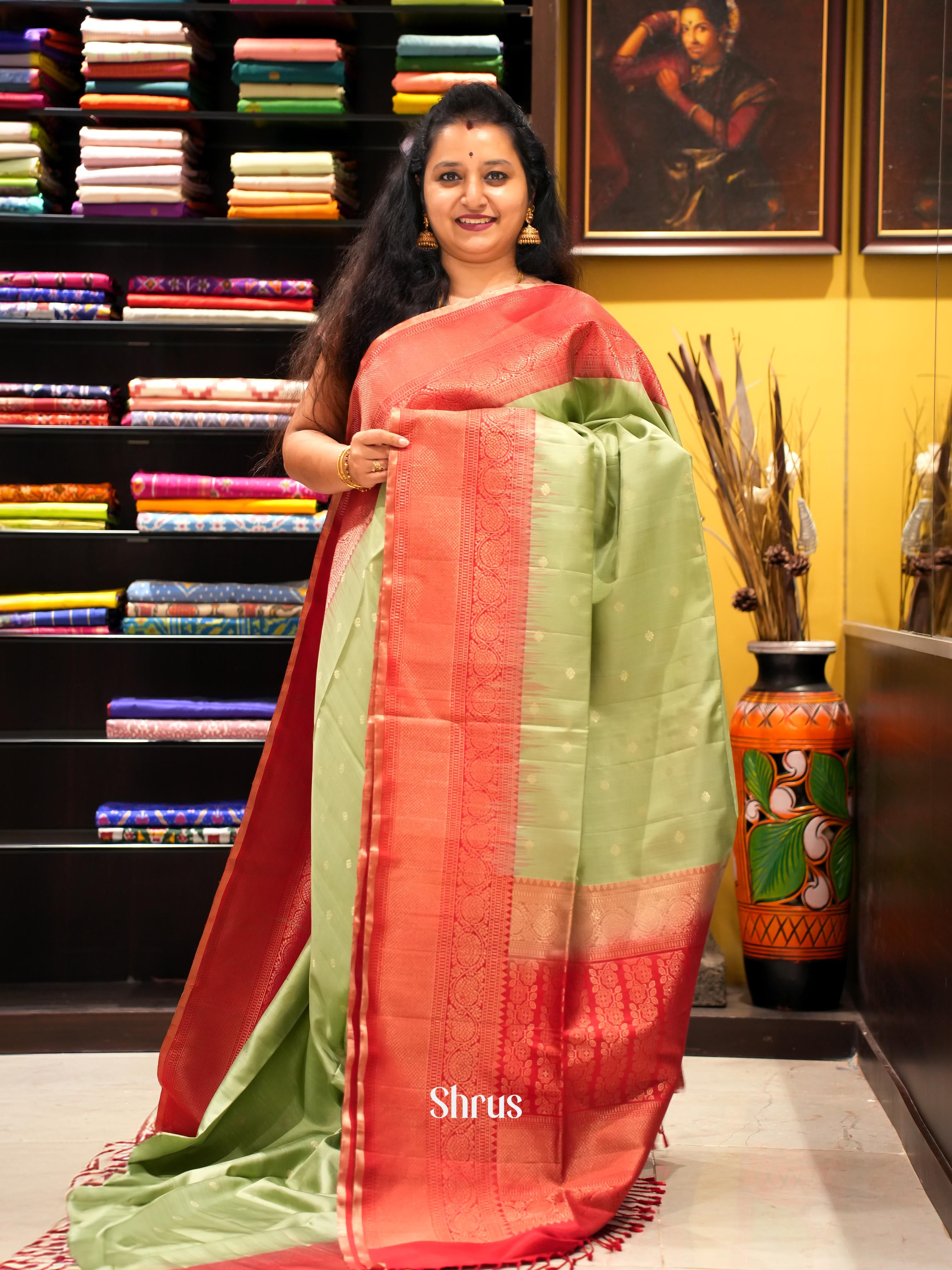 Green & Red - Soft Silk Saree - Shop on ShrusEternity.com
