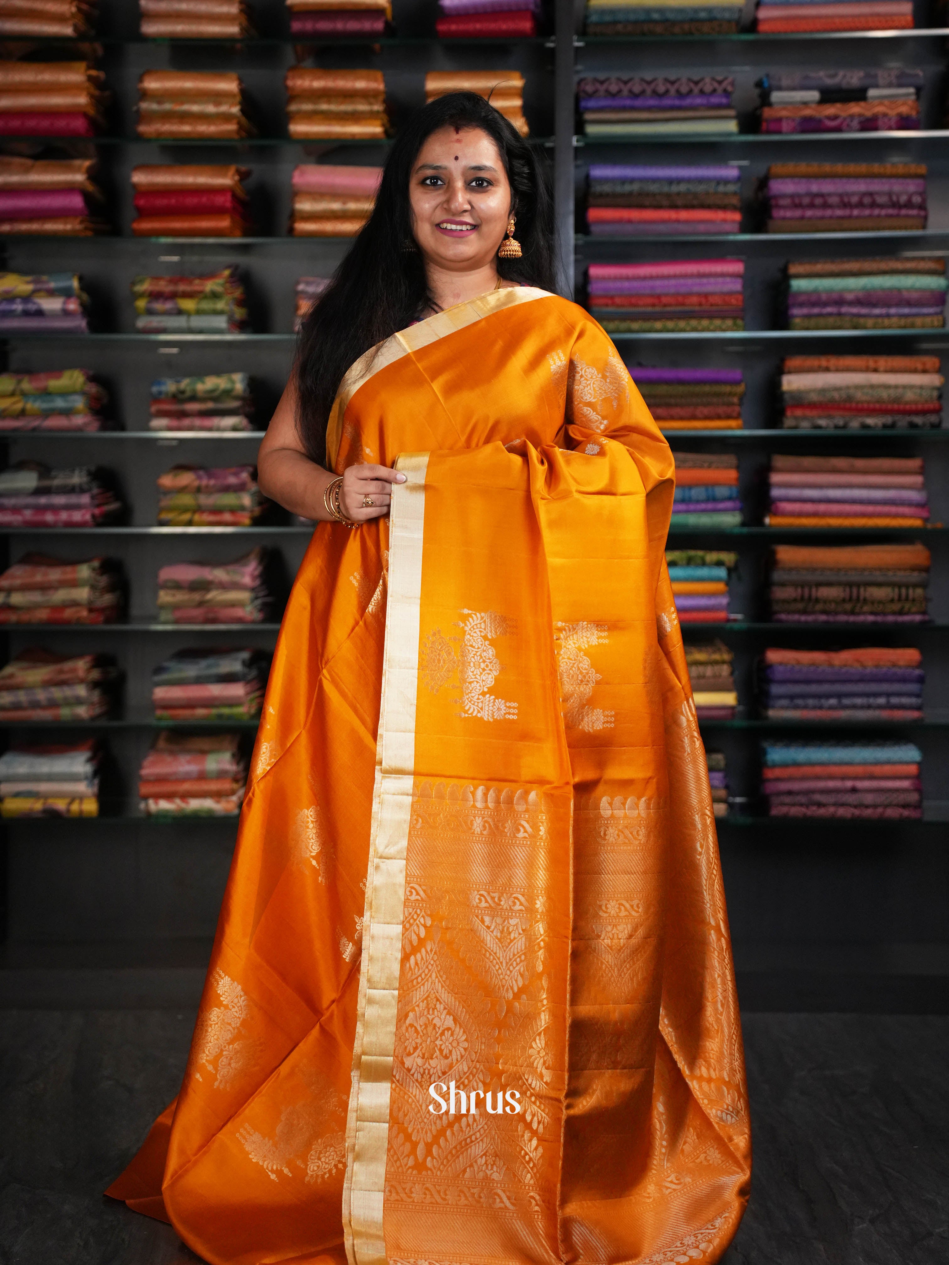 Brick Orange- Soft Silk Saree - Shop on ShrusEternity.com