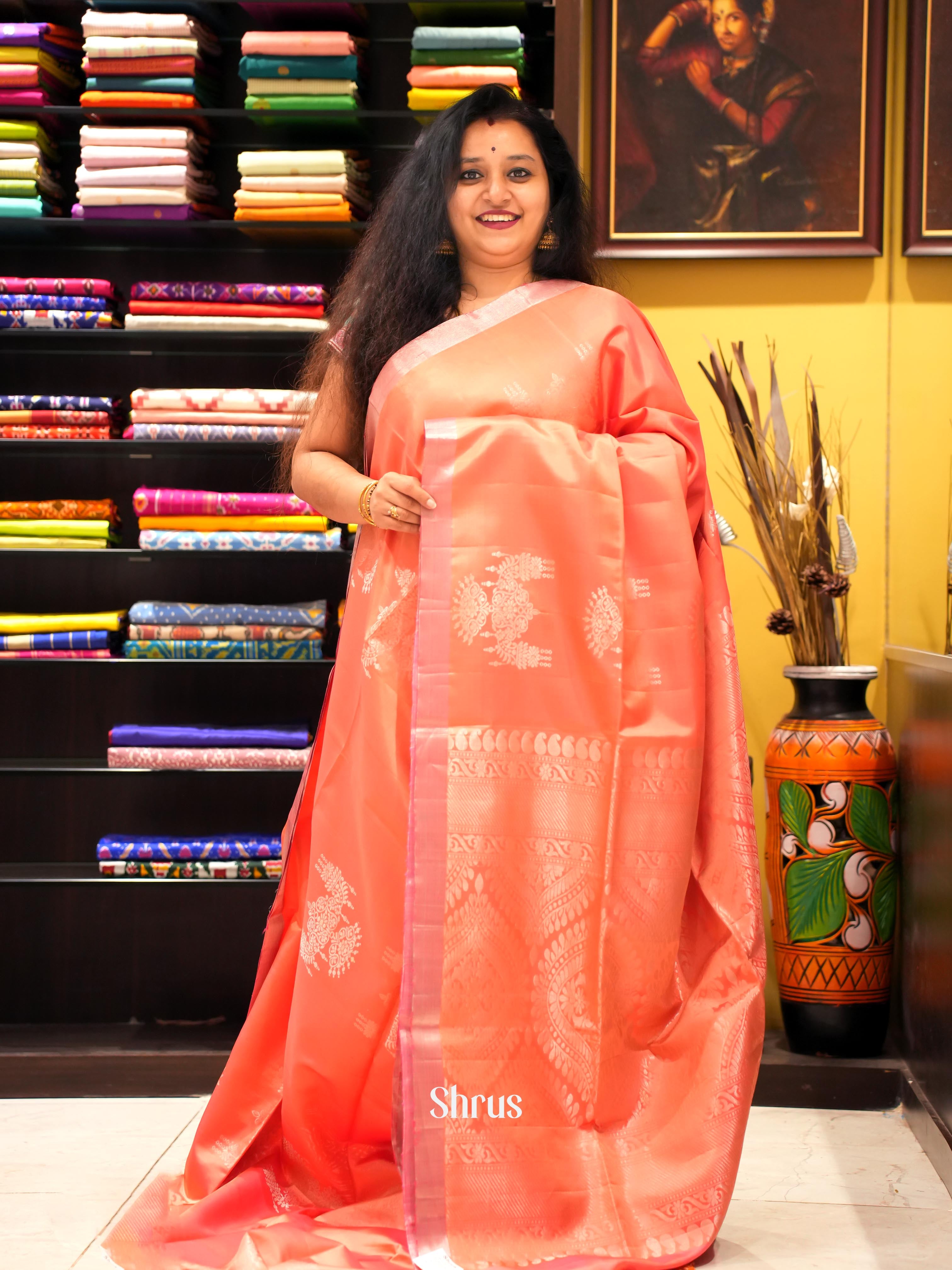 Orangish Pink(Single Tone) - Soft Silk Saree - Shop on ShrusEternity.com