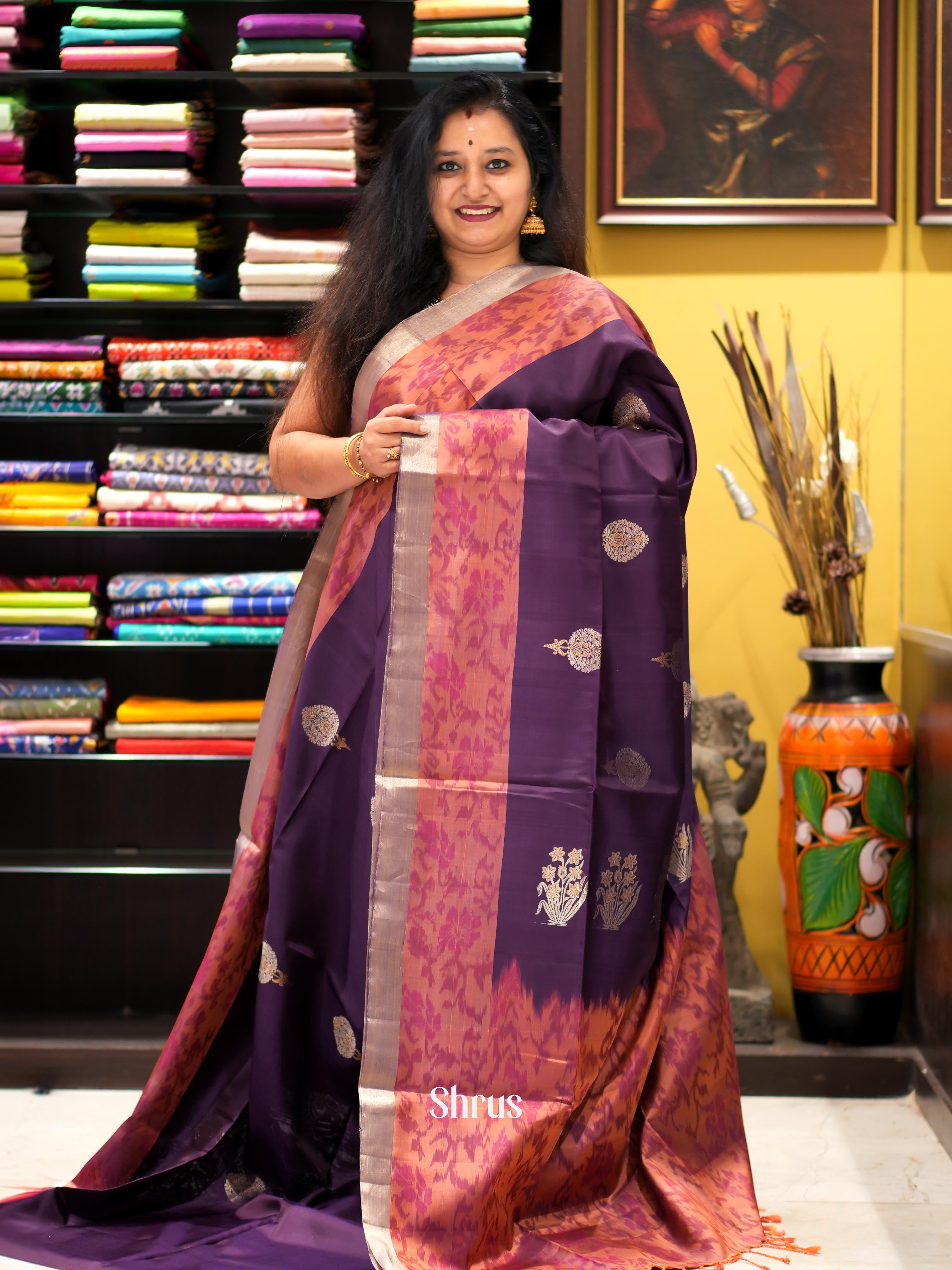 Violet & Orange - Soft Silk Saree - Shop on ShrusEternity.com