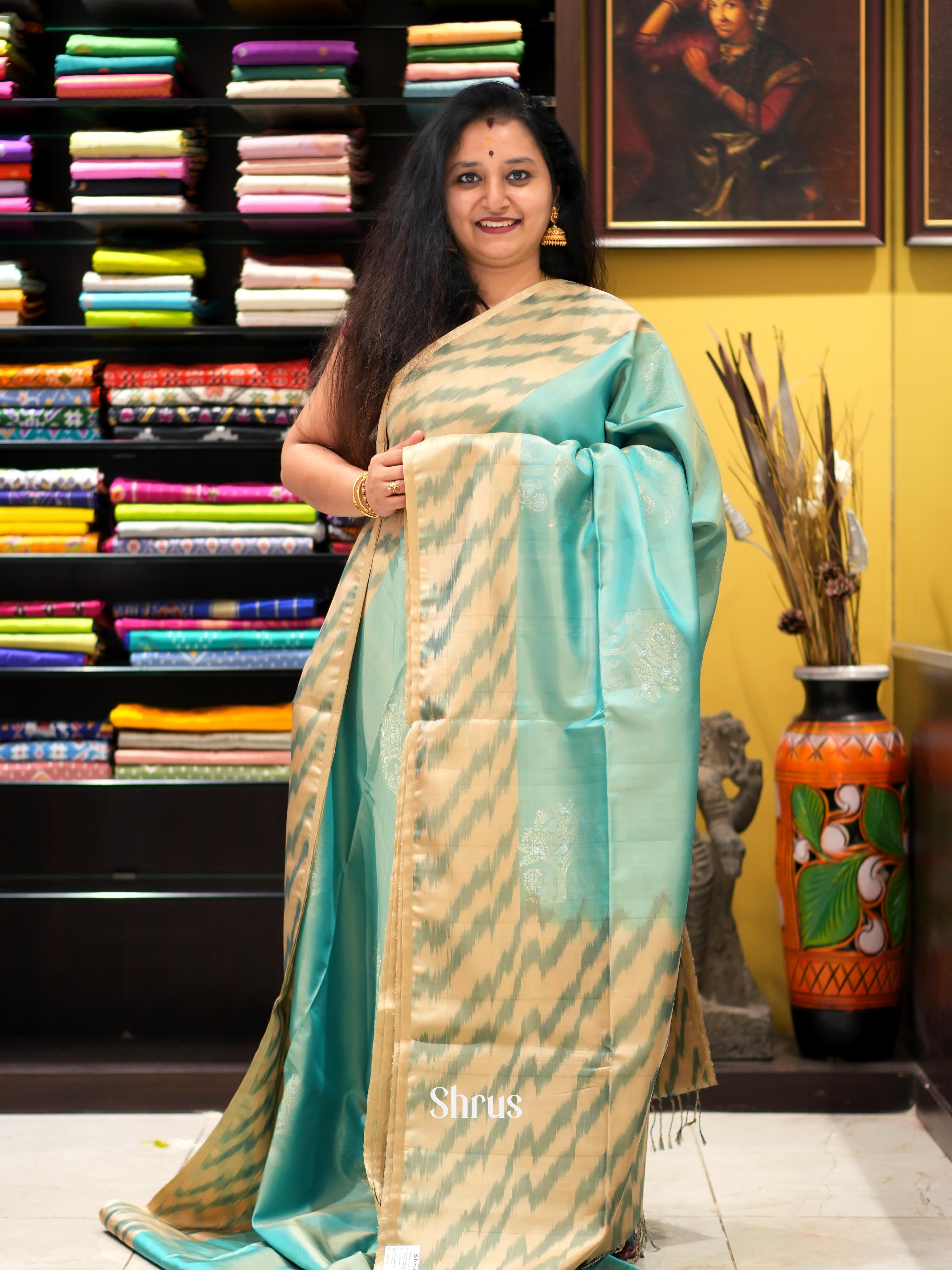 Teal & Cream - Soft Silk Saree - Shop on ShrusEternity.com