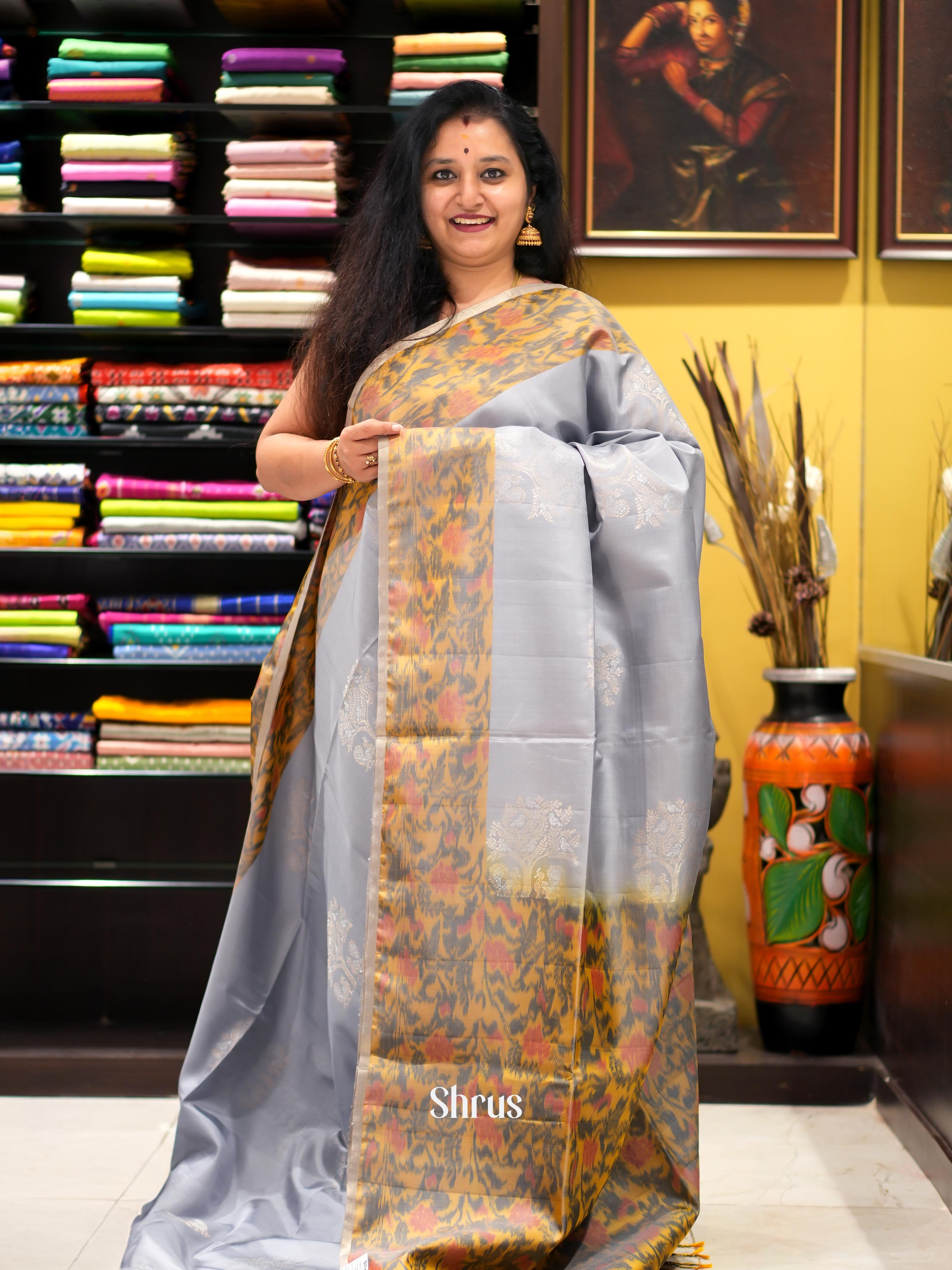Grey & Mustard - Soft Silk Saree - Shop on ShrusEternity.com