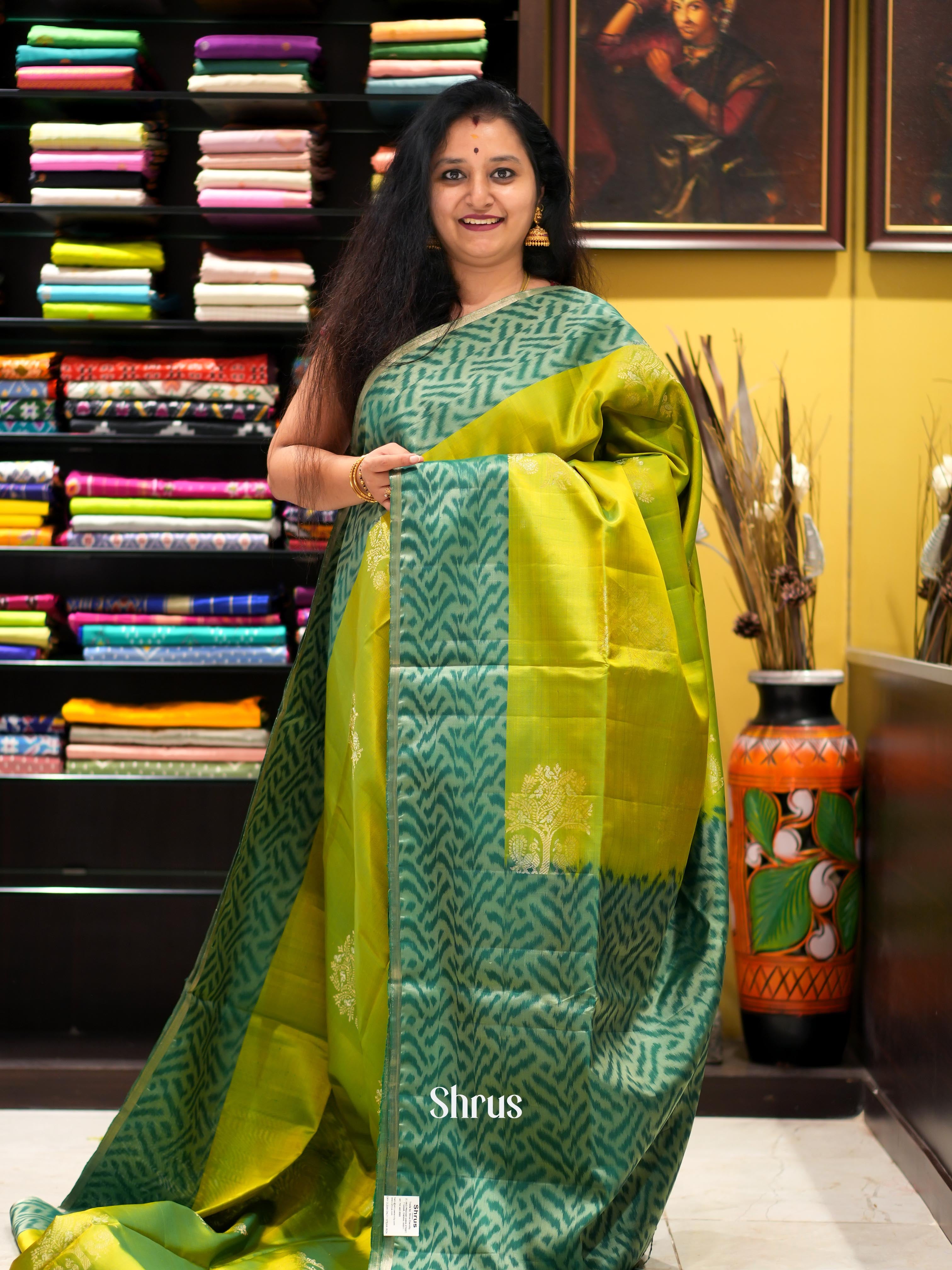 Light Green & Green - Soft Silk Saree - Shop on ShrusEternity.com