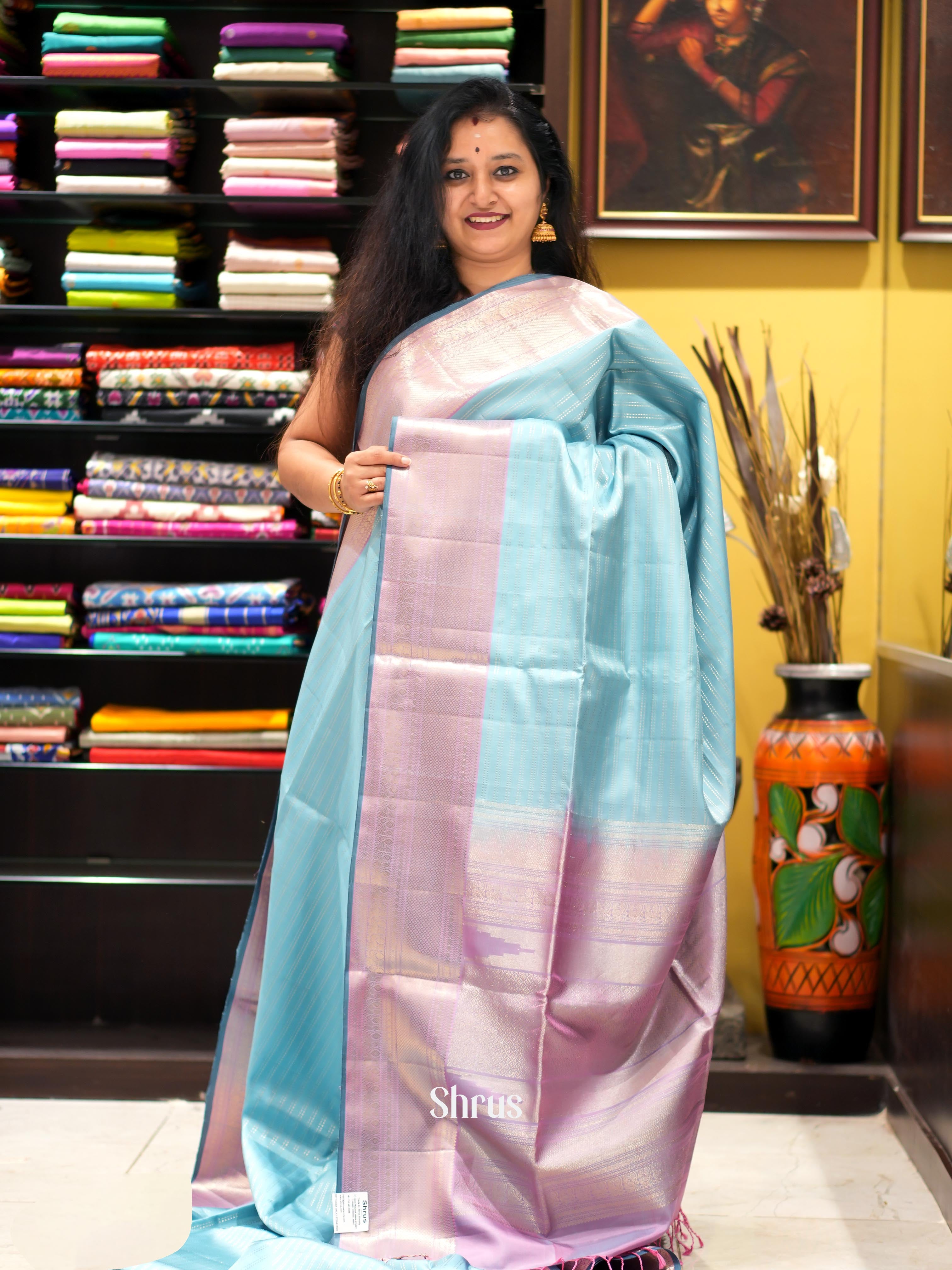 Blue & Lavender - Kanchi Border Soft Silk Saree - Shop on ShrusEternity.com