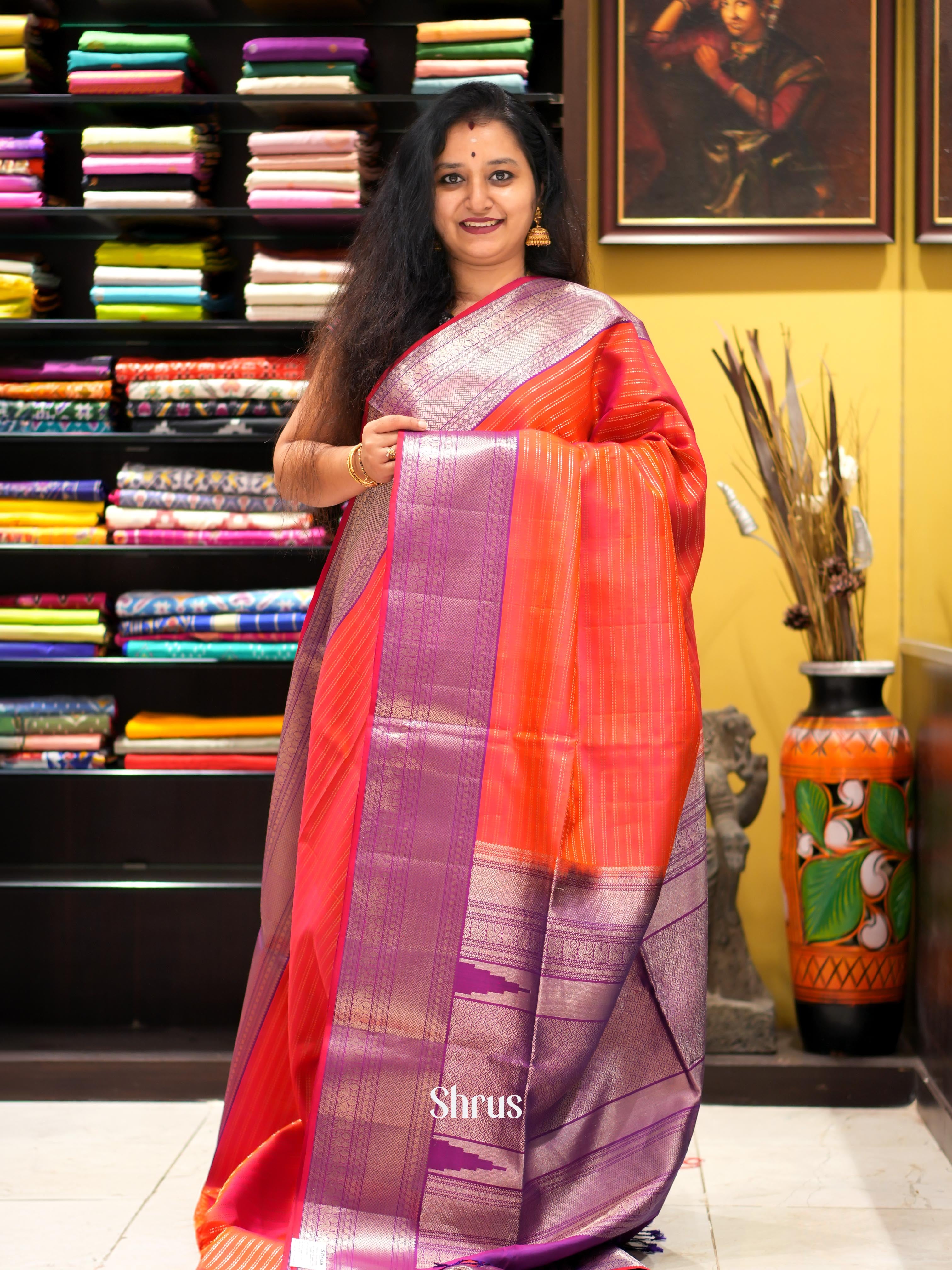 Orangish Pink & Purple - Kanchi Border Soft Silk Saree - Shop on ShrusEternity.com