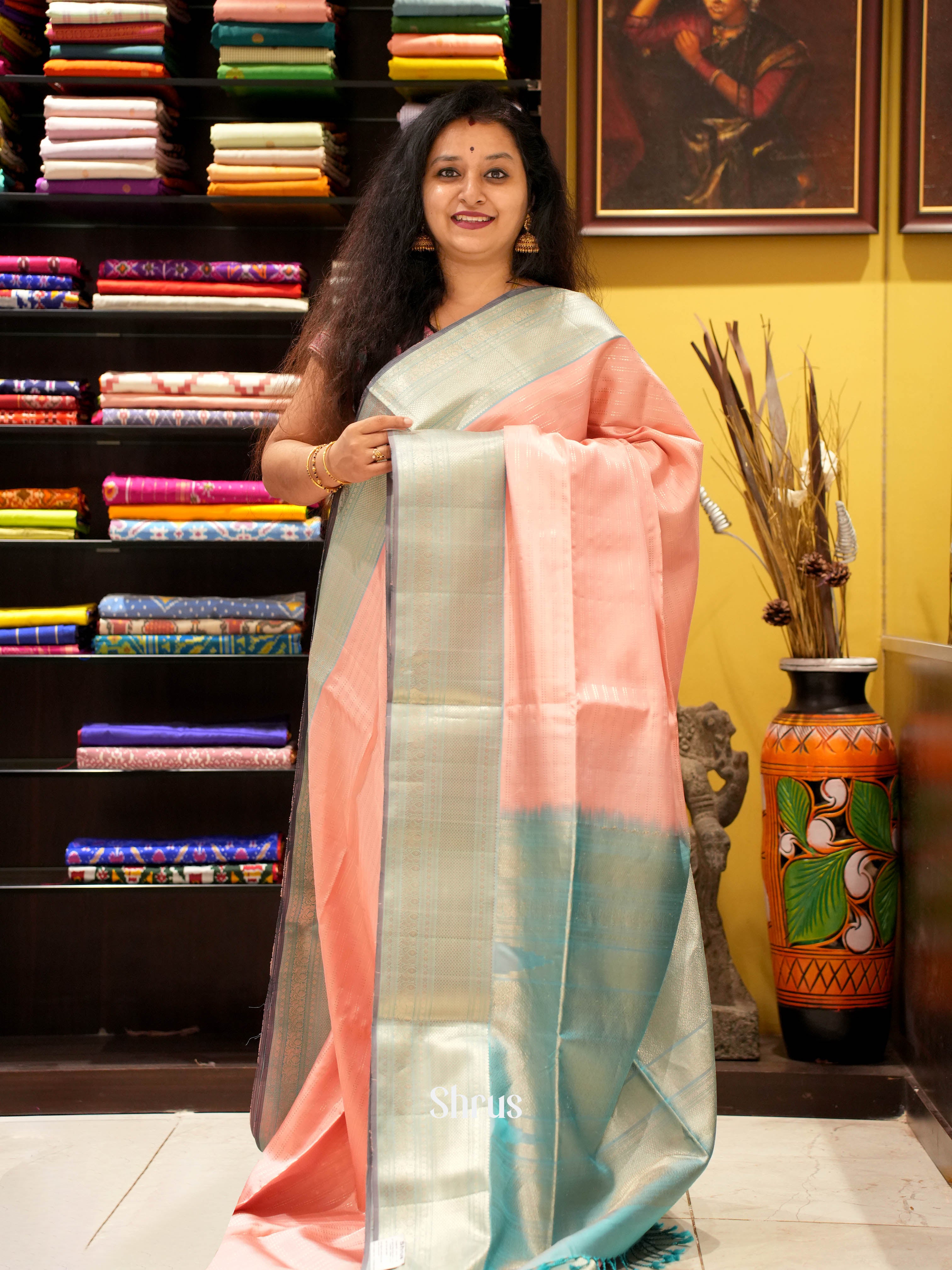 Peach & Pastel Blue - Soft Silk Saree - Shop on ShrusEternity.com