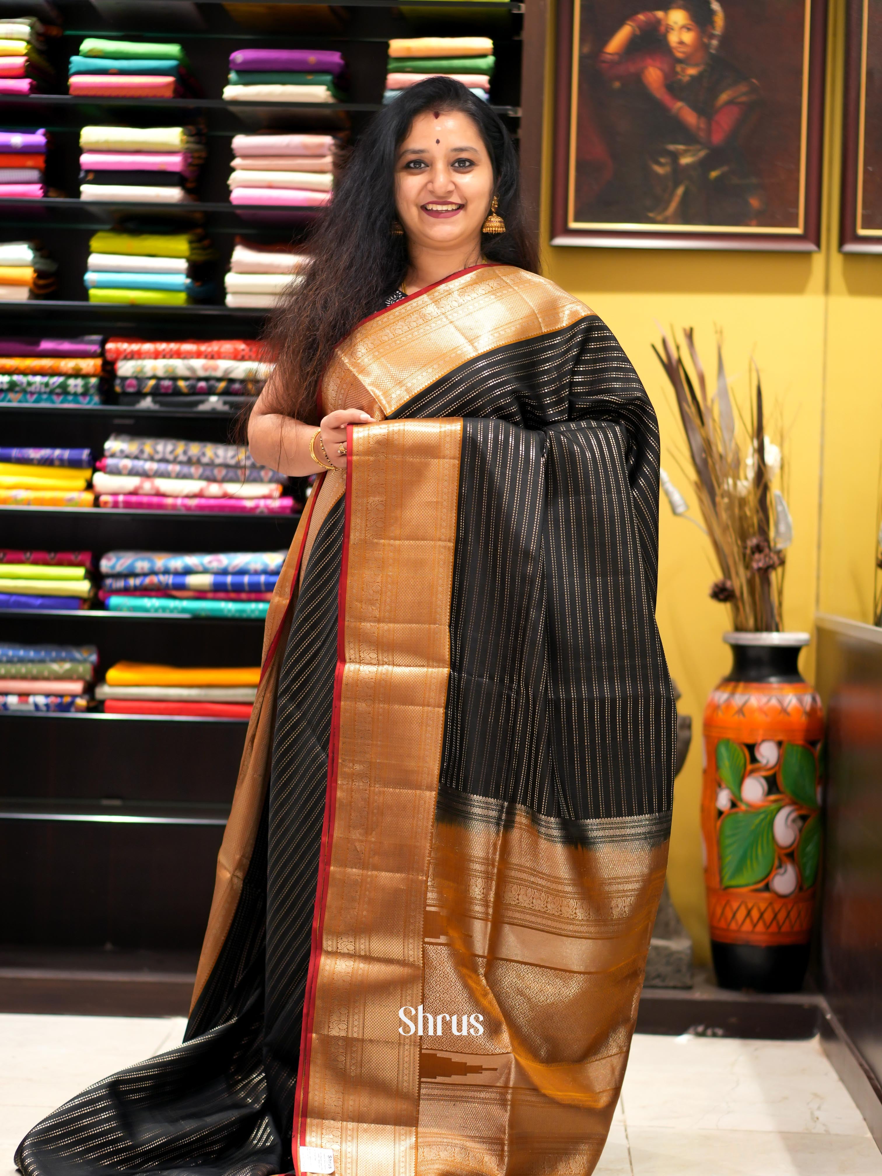 Black & Mustard - Kanchi Border Soft Silk Saree-1