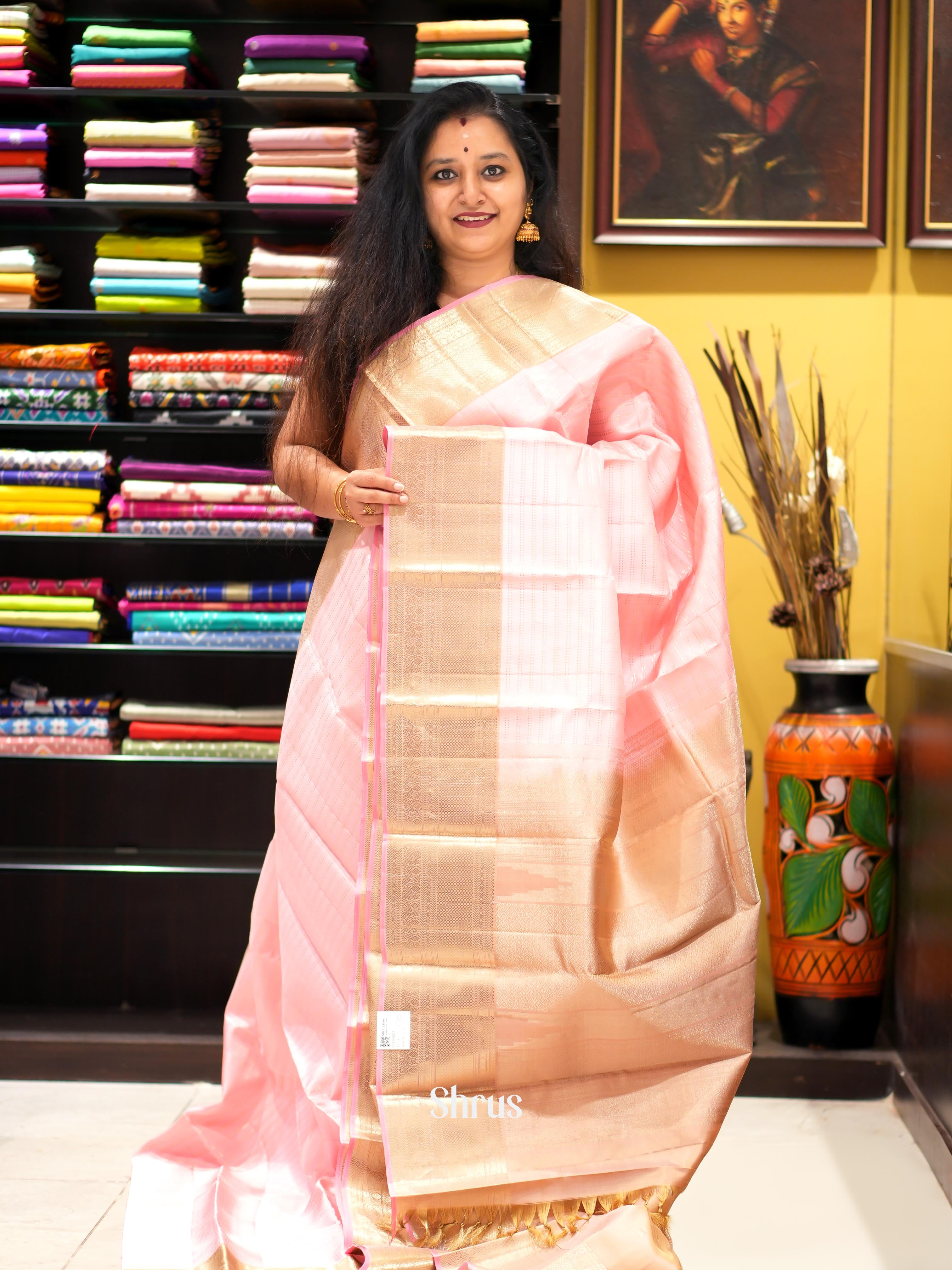 Pink & Peach - Kanchi Border Soft Silk Saree - Shop on ShrusEternity.com