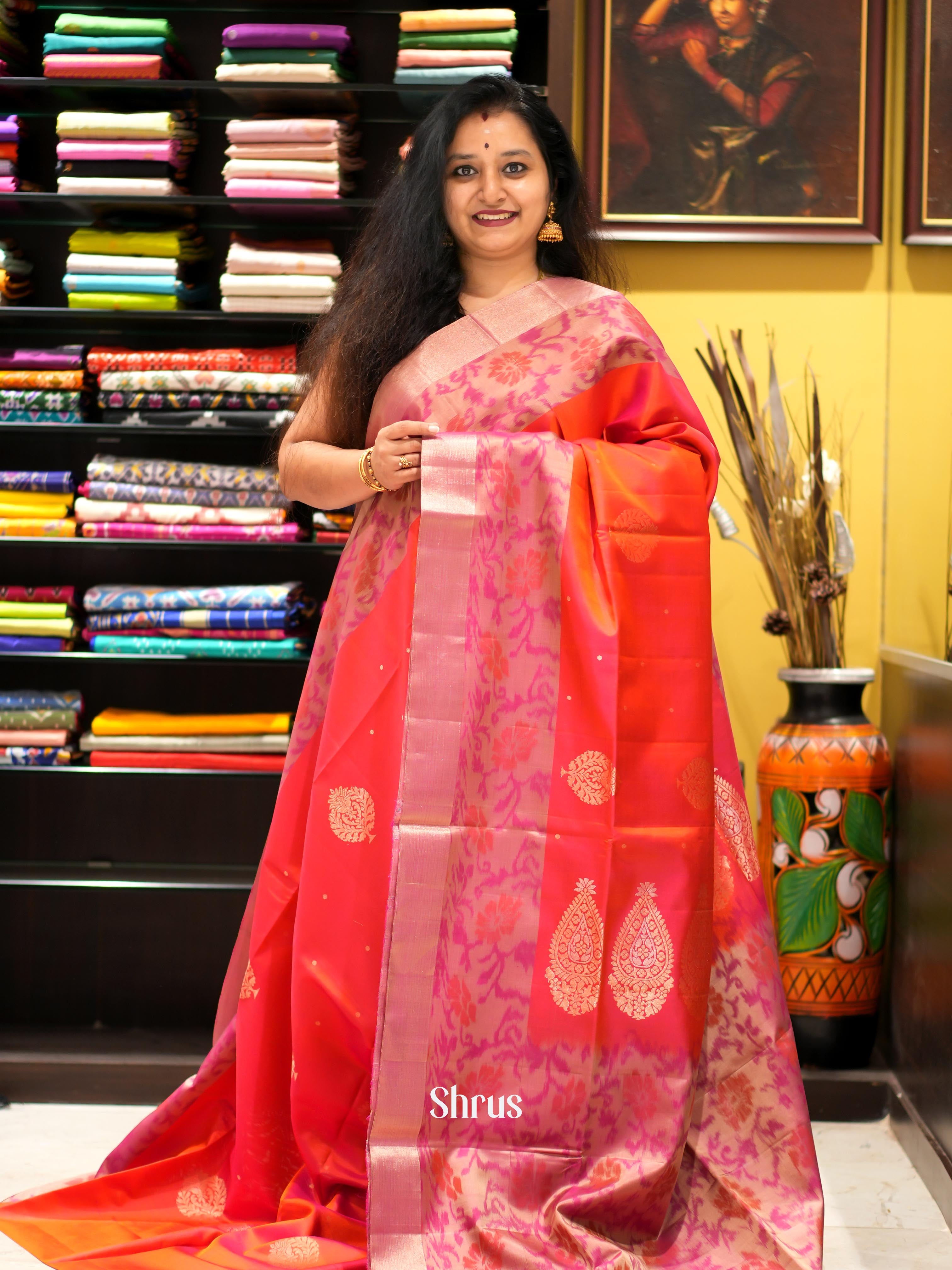 Orangish Pink & Pink - Soft Silk Saree - Shop on ShrusEternity.com