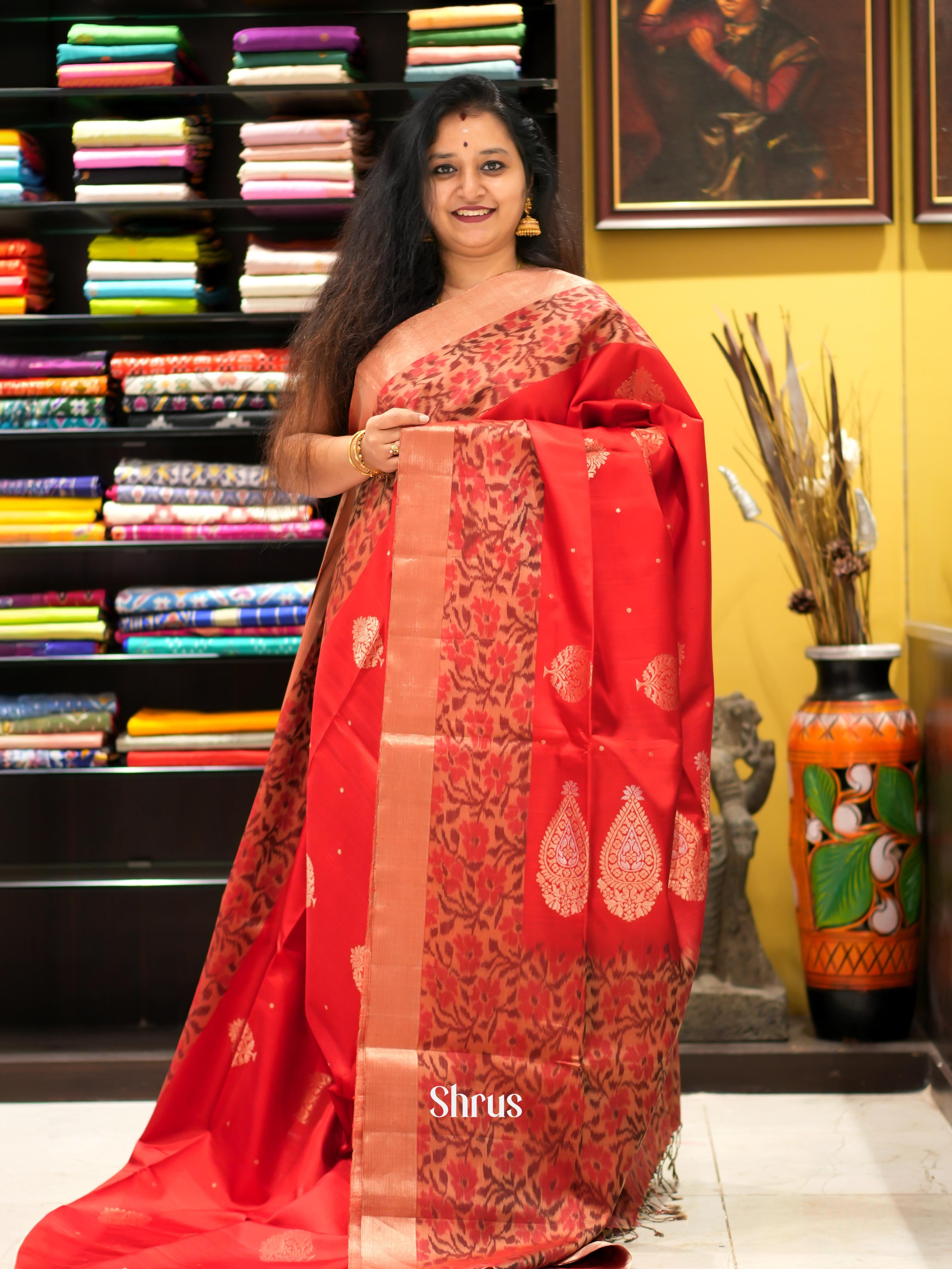 Red & Peach - Soft Silk Saree - Shop on ShrusEternity.com