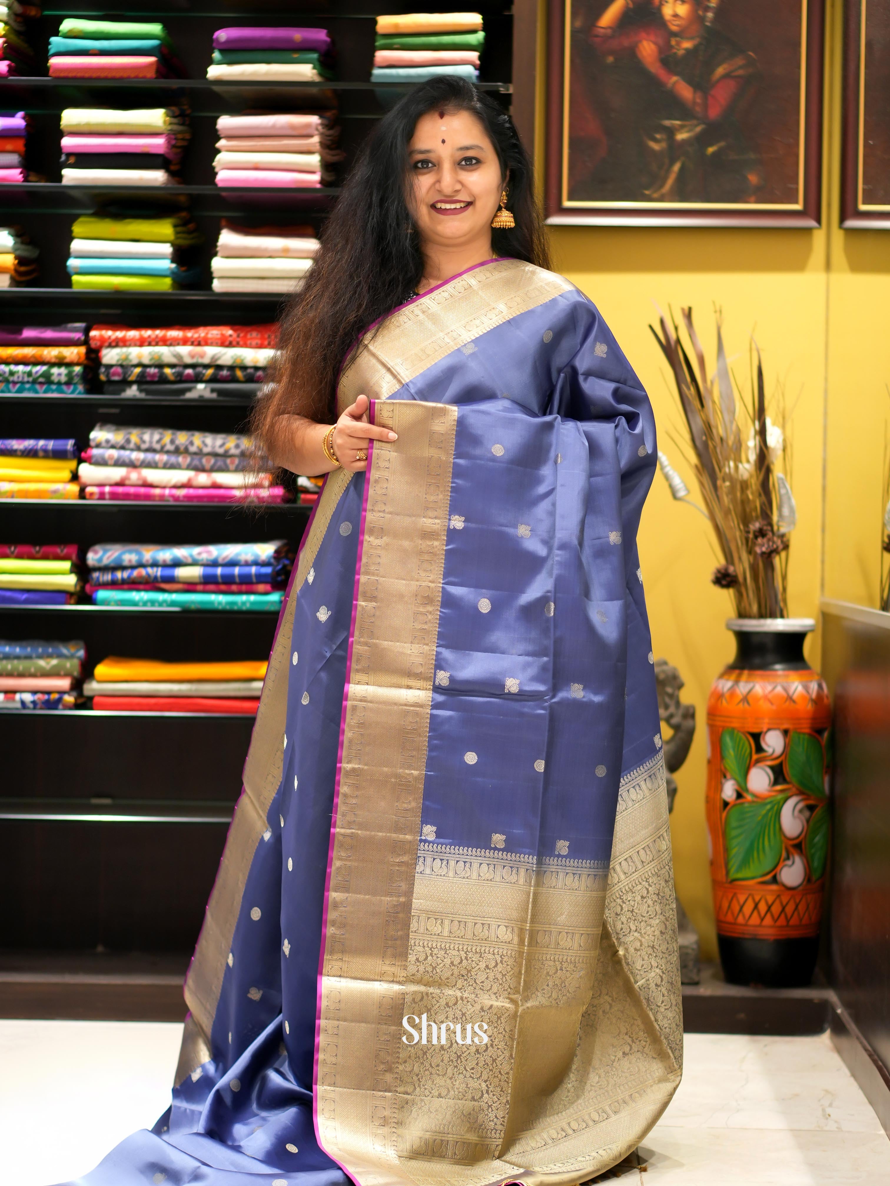 Blue & Cream - Kanchi Border Soft Silk Saree-1