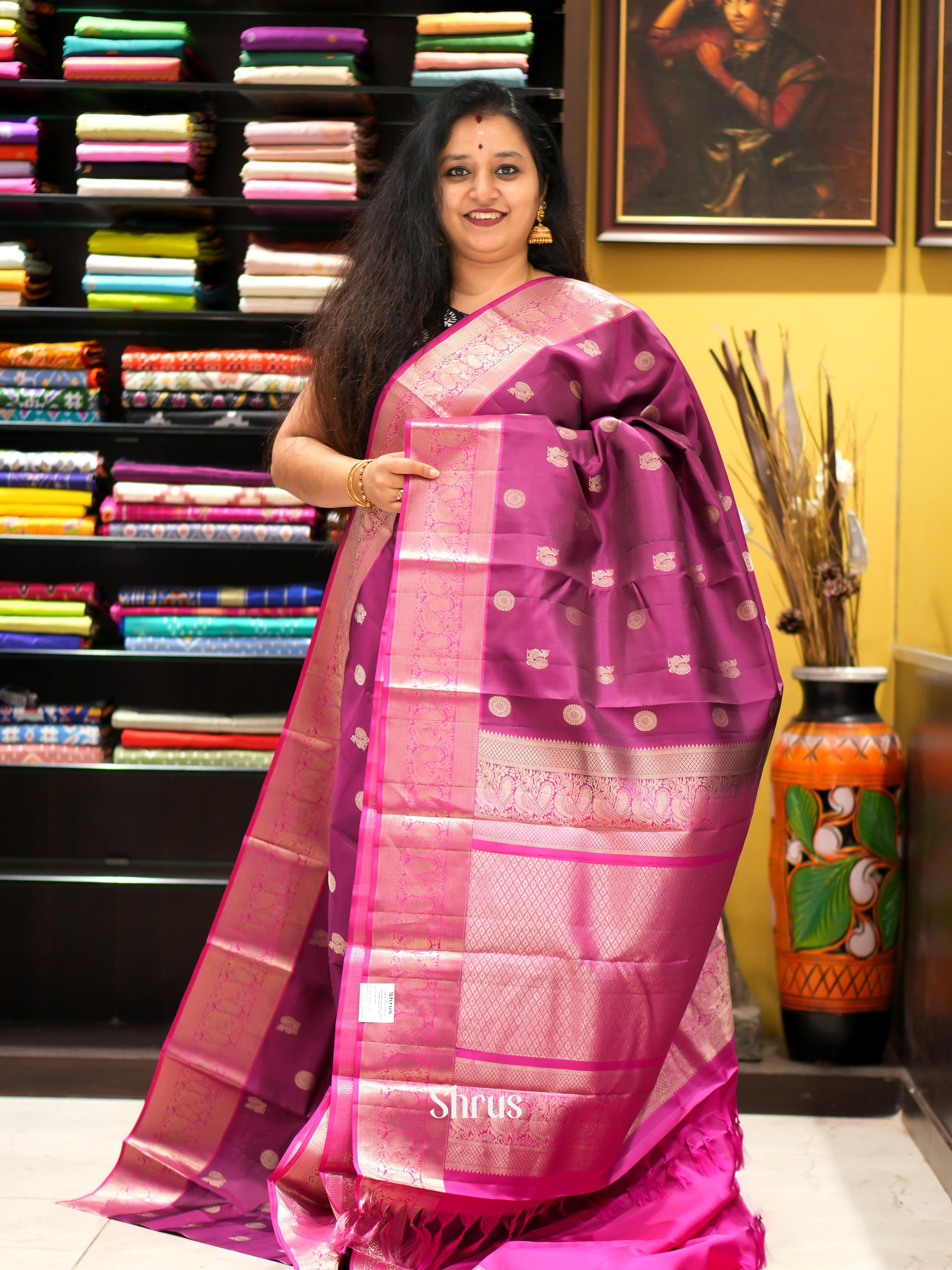 Purple & Pink - Kanchi Border Soft Silk Saree - Shop on ShrusEternity.com