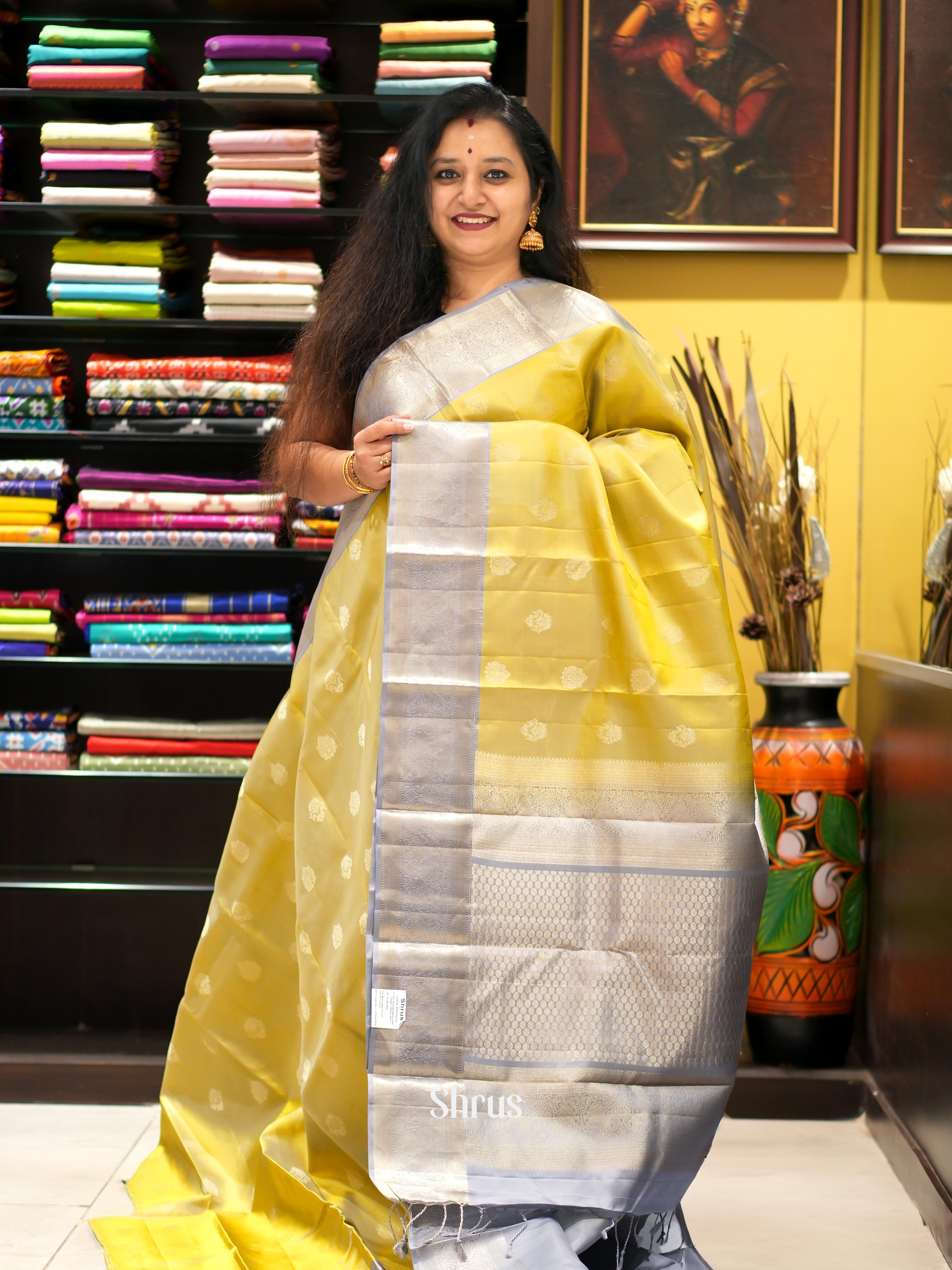 Mustardy Green & Grey - Kanchi Border Soft Silk Saree - Shop on ShrusEternity.com