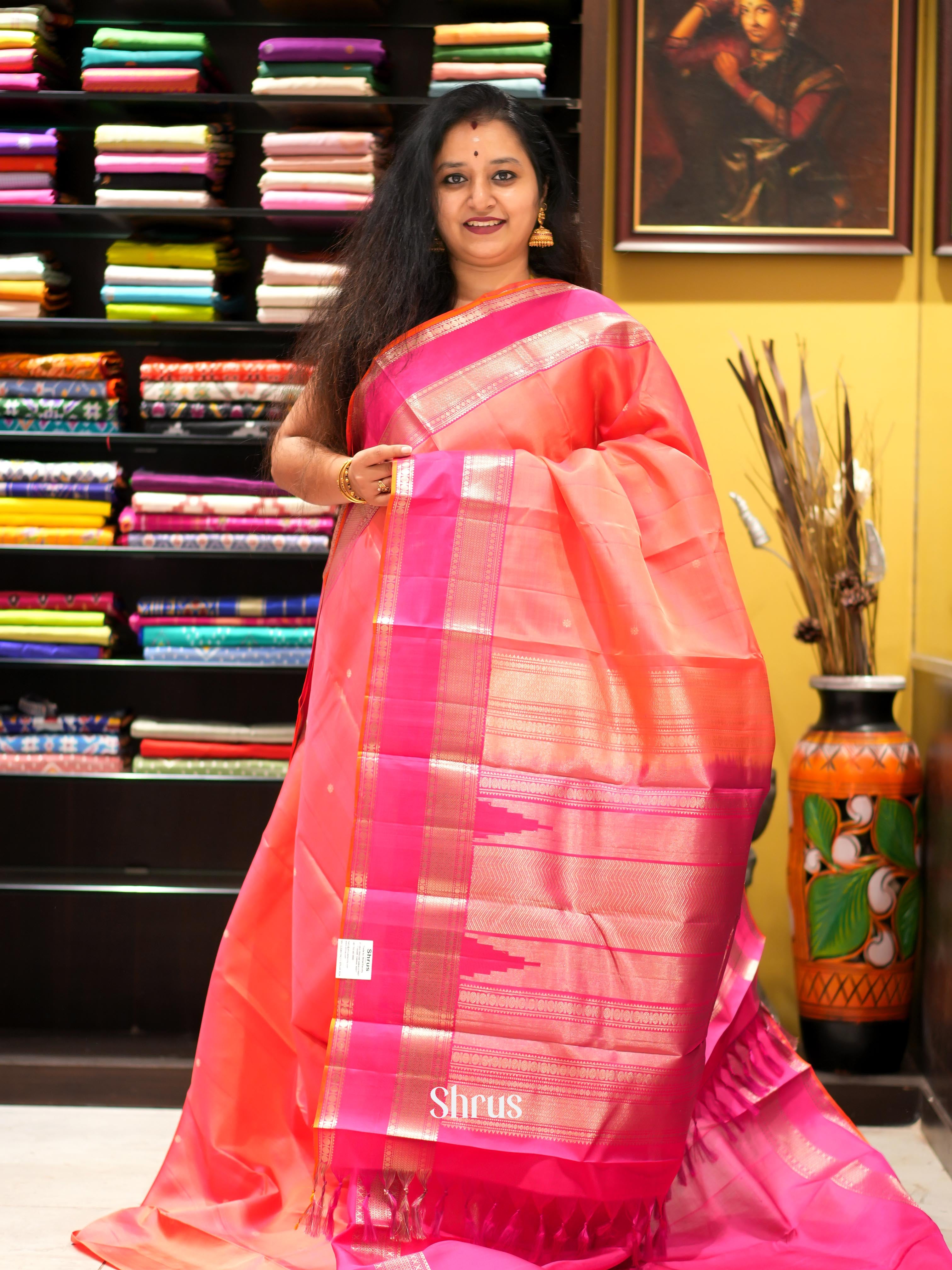Peach & Pink - Kanchi Border Soft Silk Saree - Shop on ShrusEternity.com