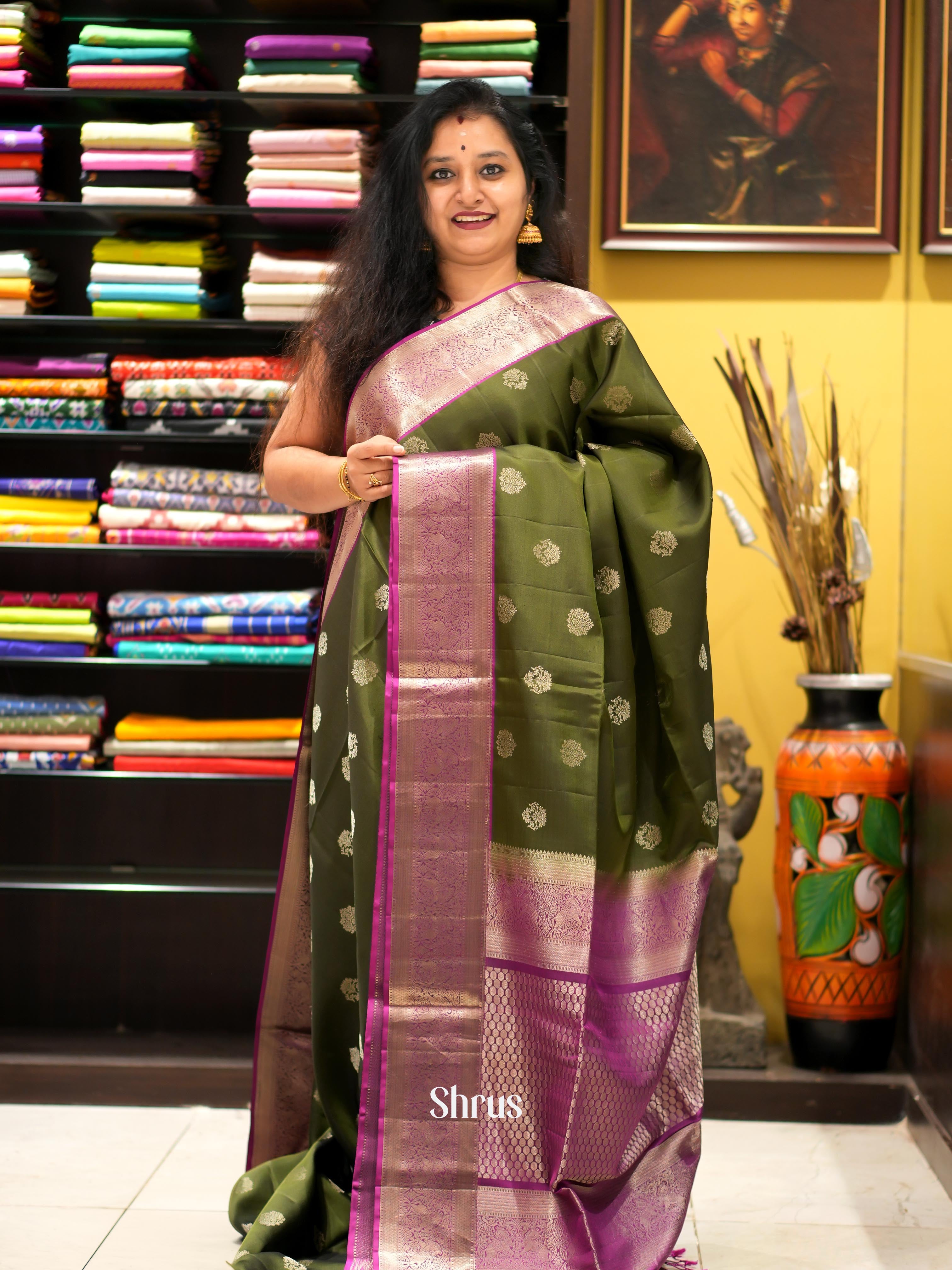 Green & Purple - Kanchi Border Soft Silk Saree - Shop on ShrusEternity.com