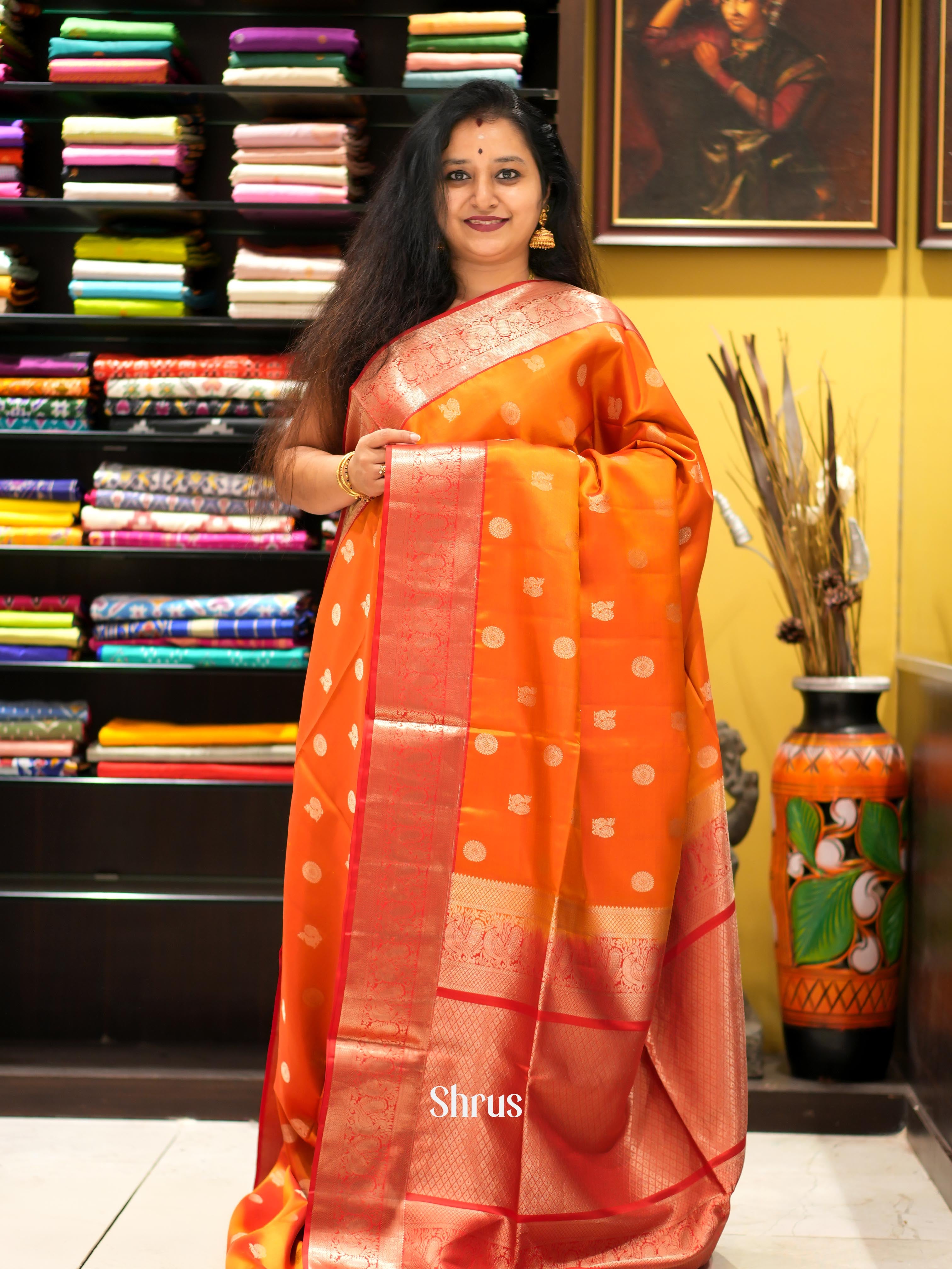 Orange & Red - Kanchi Border Soft Silk Saree - Shop on ShrusEternity.com
