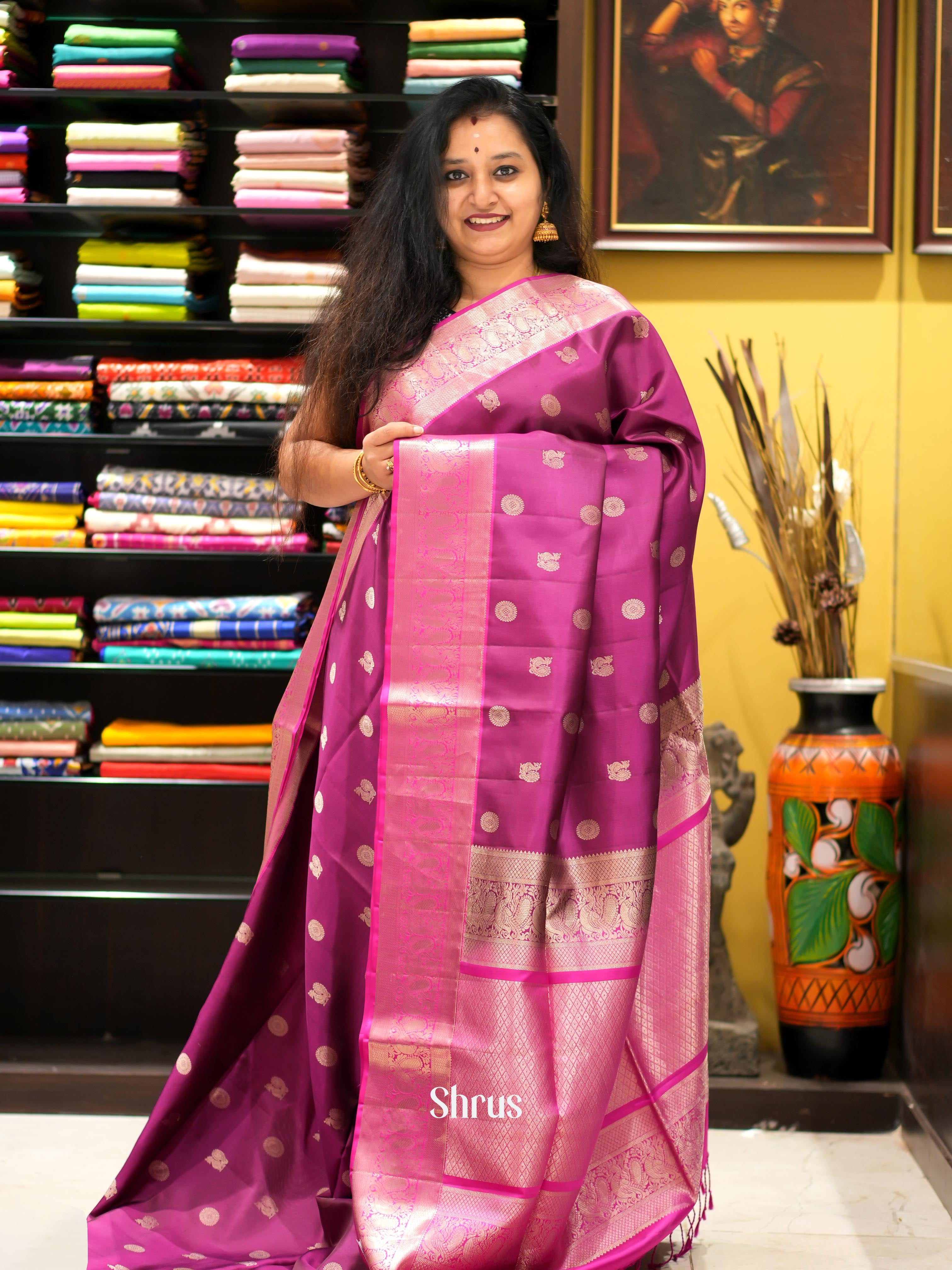 Purple & Pink - Kanchi Border Soft Silk Saree - Shop on ShrusEternity.com