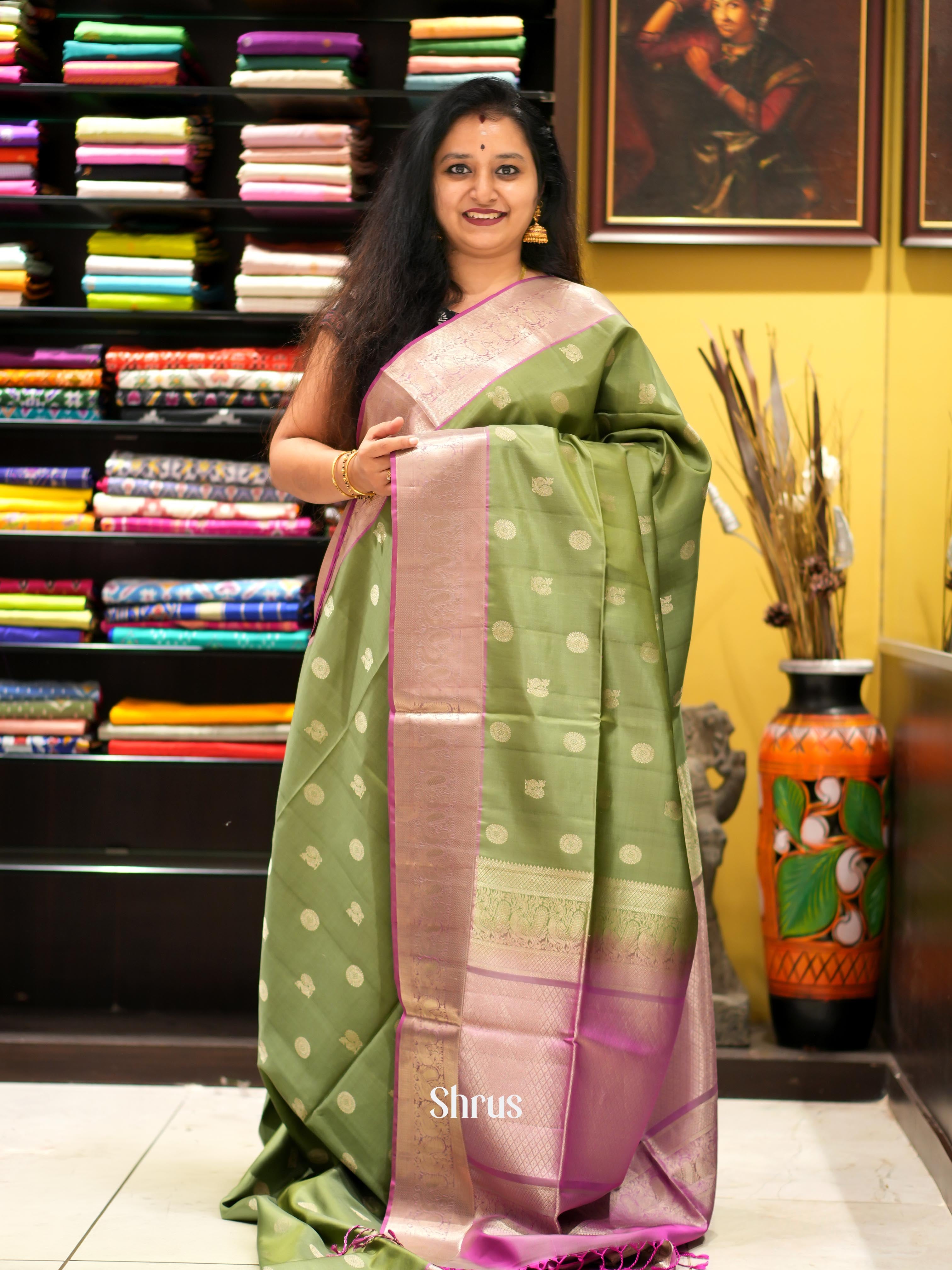 Green & Purple - Kanchi Border Soft Silk Saree - Shop on ShrusEternity.com