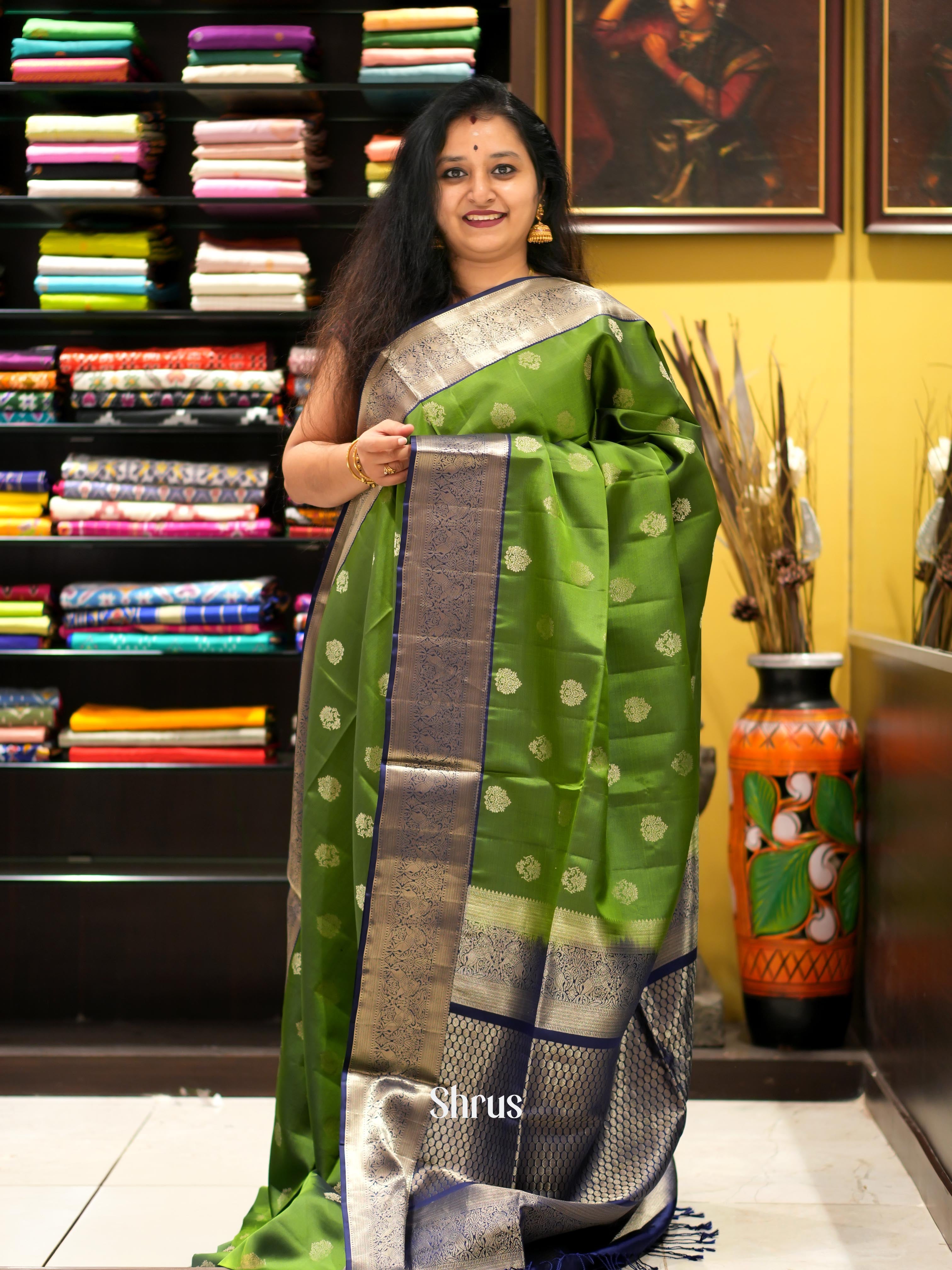 Green & Blue - Kanchi Border Soft Silk Saree - Shop on ShrusEternity.com