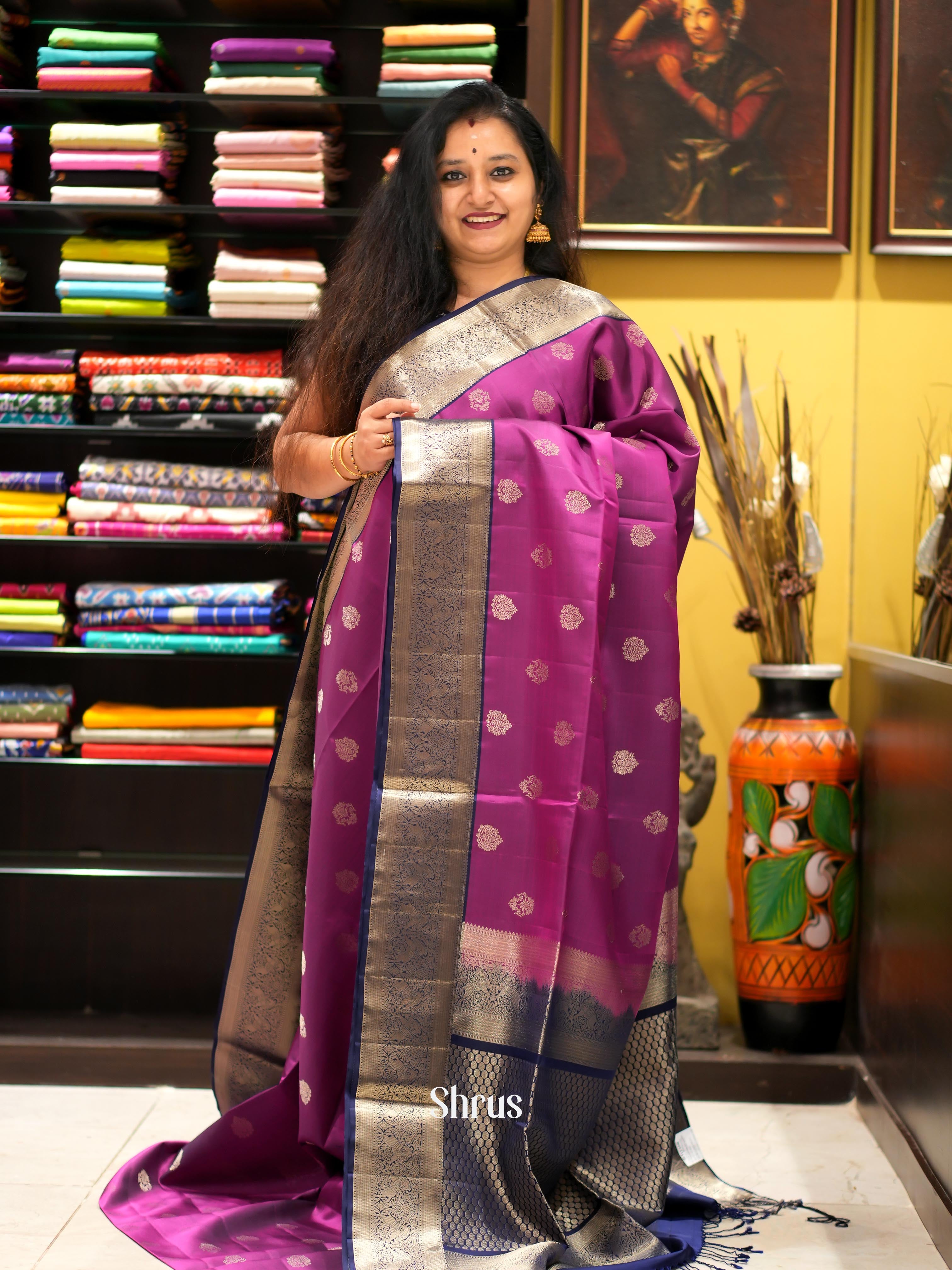 Purple & Blue - Kanchi Border Soft Silk Saree - Shop on ShrusEternity.com
