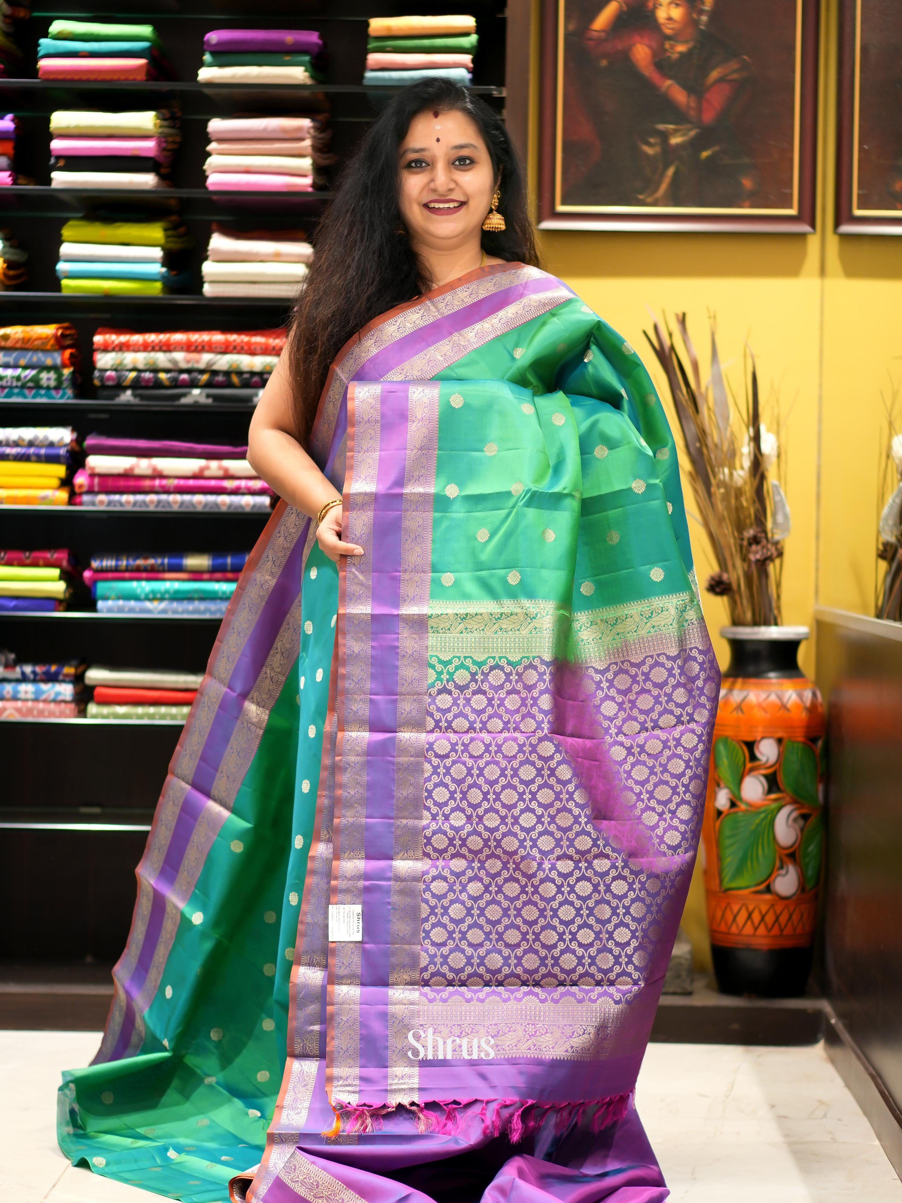 Green & Purple - Kanchi Border Soft Silk Saree - Shop on ShrusEternity.com