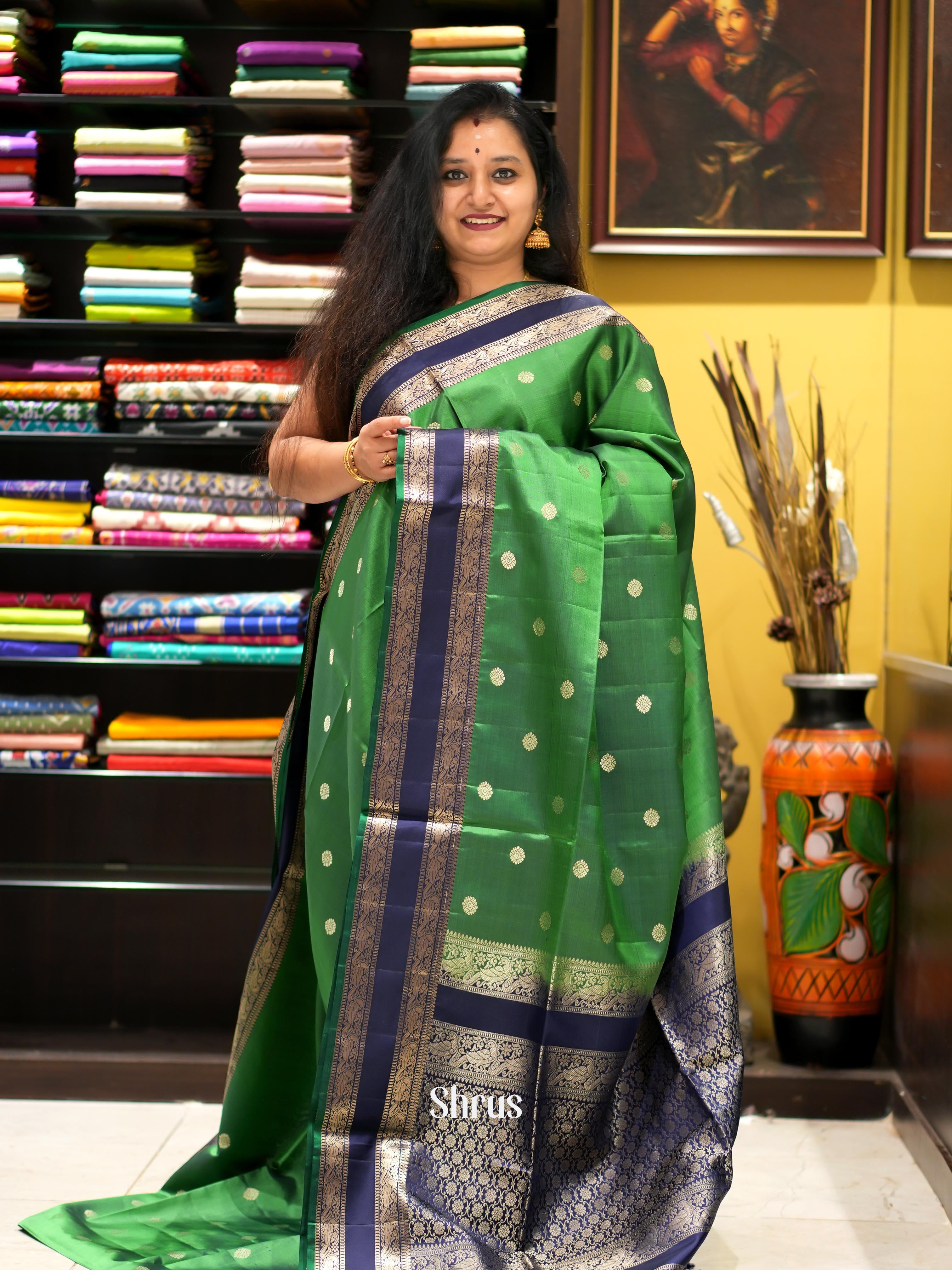 Green & Blue - Kanchi Border Soft Silk Saree-1